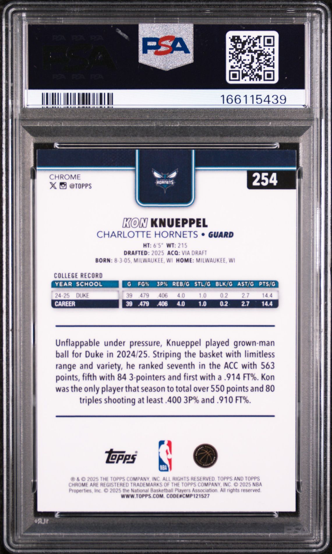 2025 Topps Chrome Kon Knueppel #254 Gem Mt 10 back view - PSA certificate #166115439