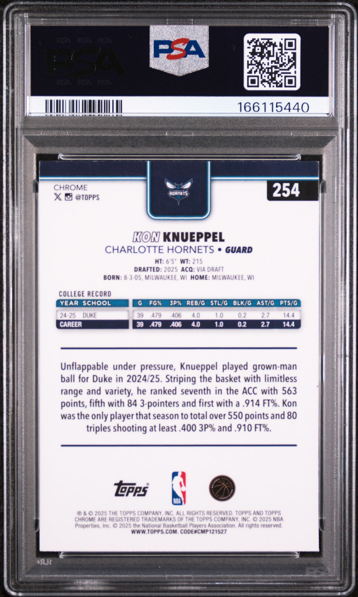 2025 Topps Chrome Kon Knueppel #254 Mint 9 back