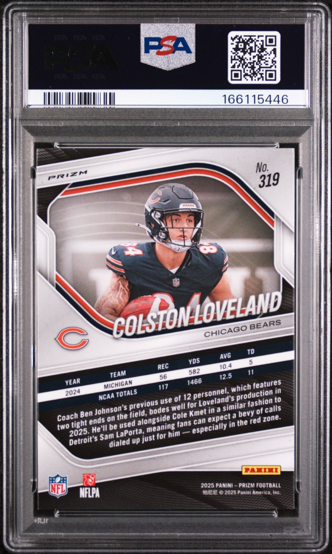 2025 Panini Prizm Colston Loveland #319 (White Disco) Mint 9 back