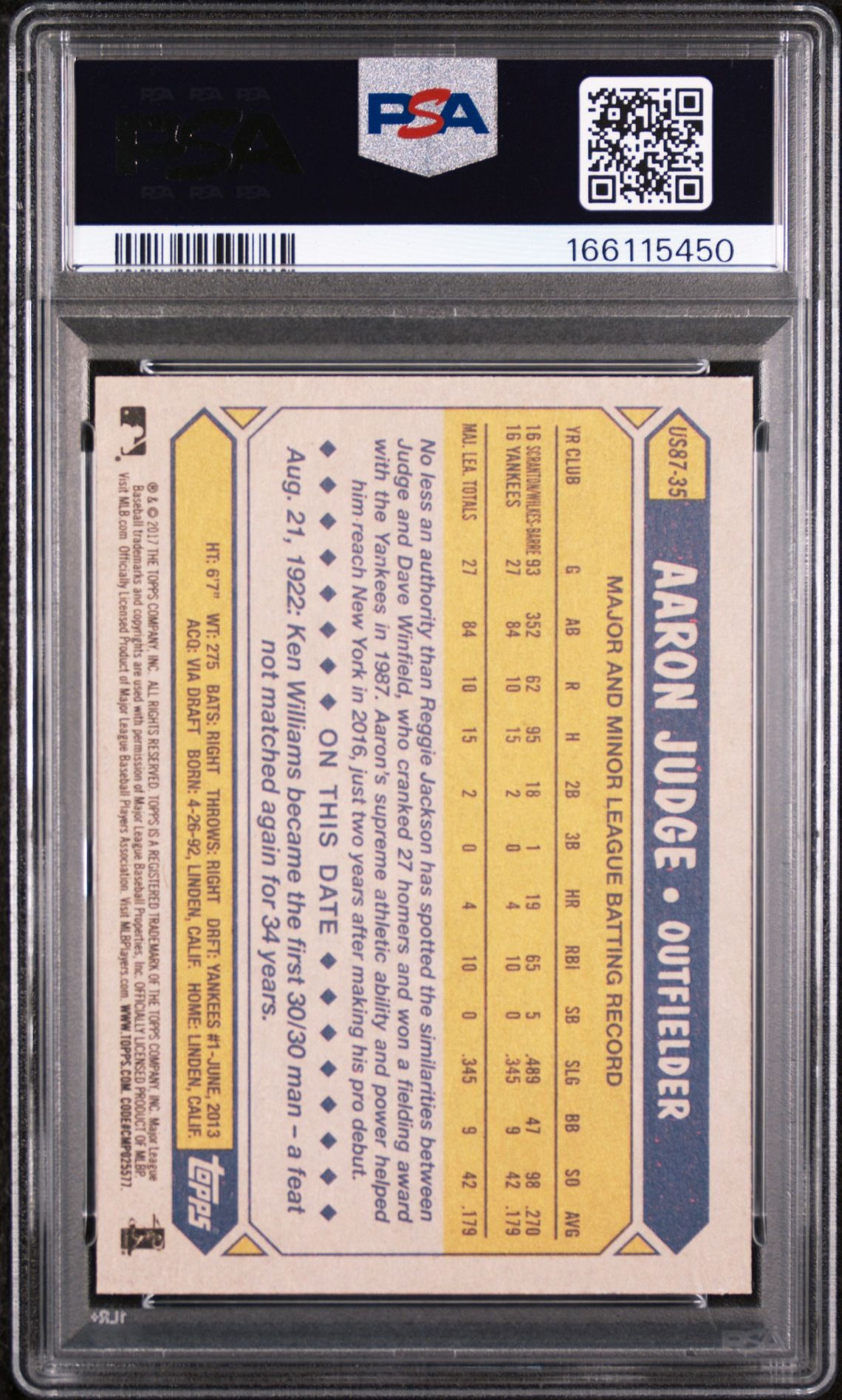 2017 Topps Update 1987 Topps Aaron Judge #35 (1987 Topps) Mint 9 back
