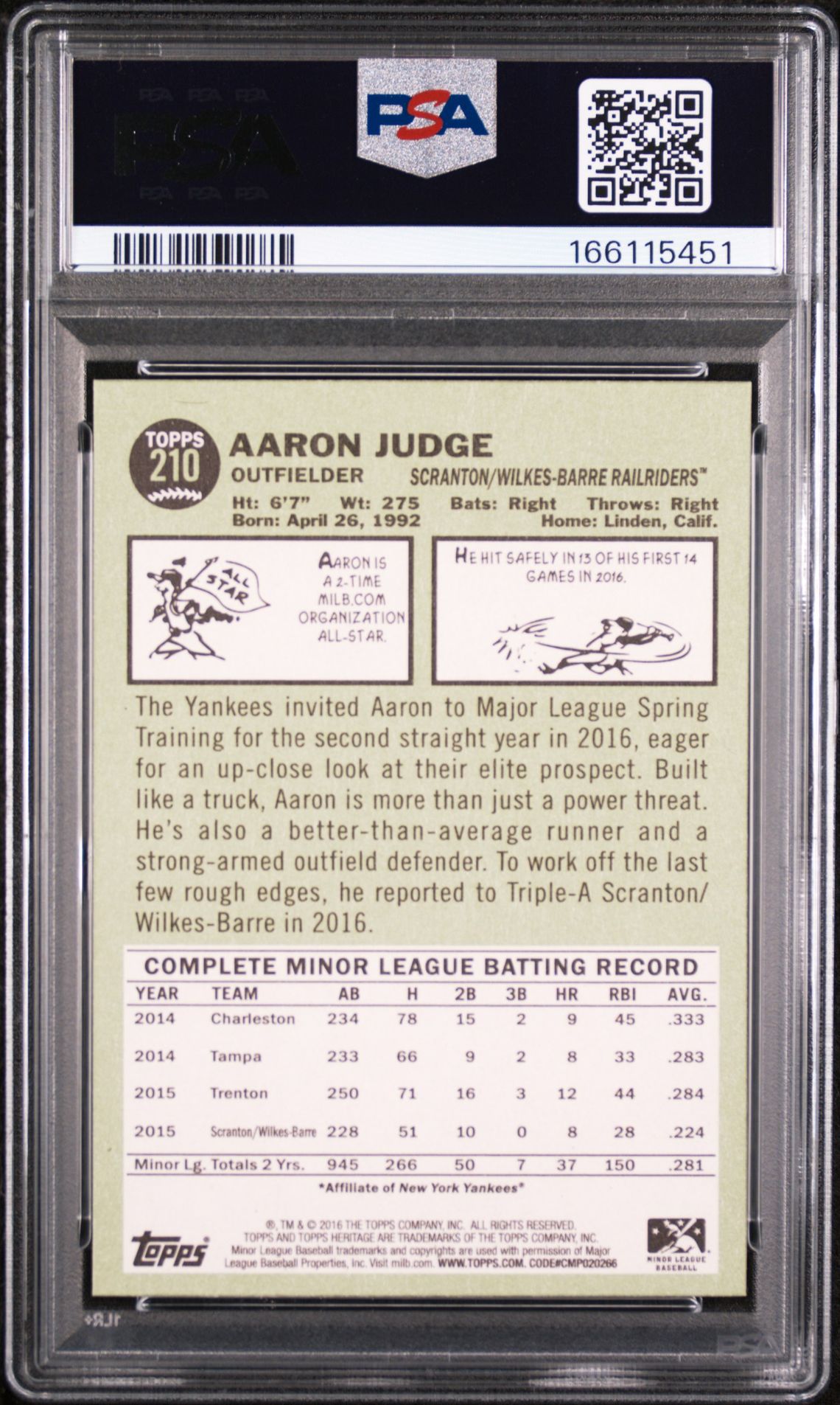 2016 Topps Heritage Minor League Aaron Judge #210 Mint 9 back