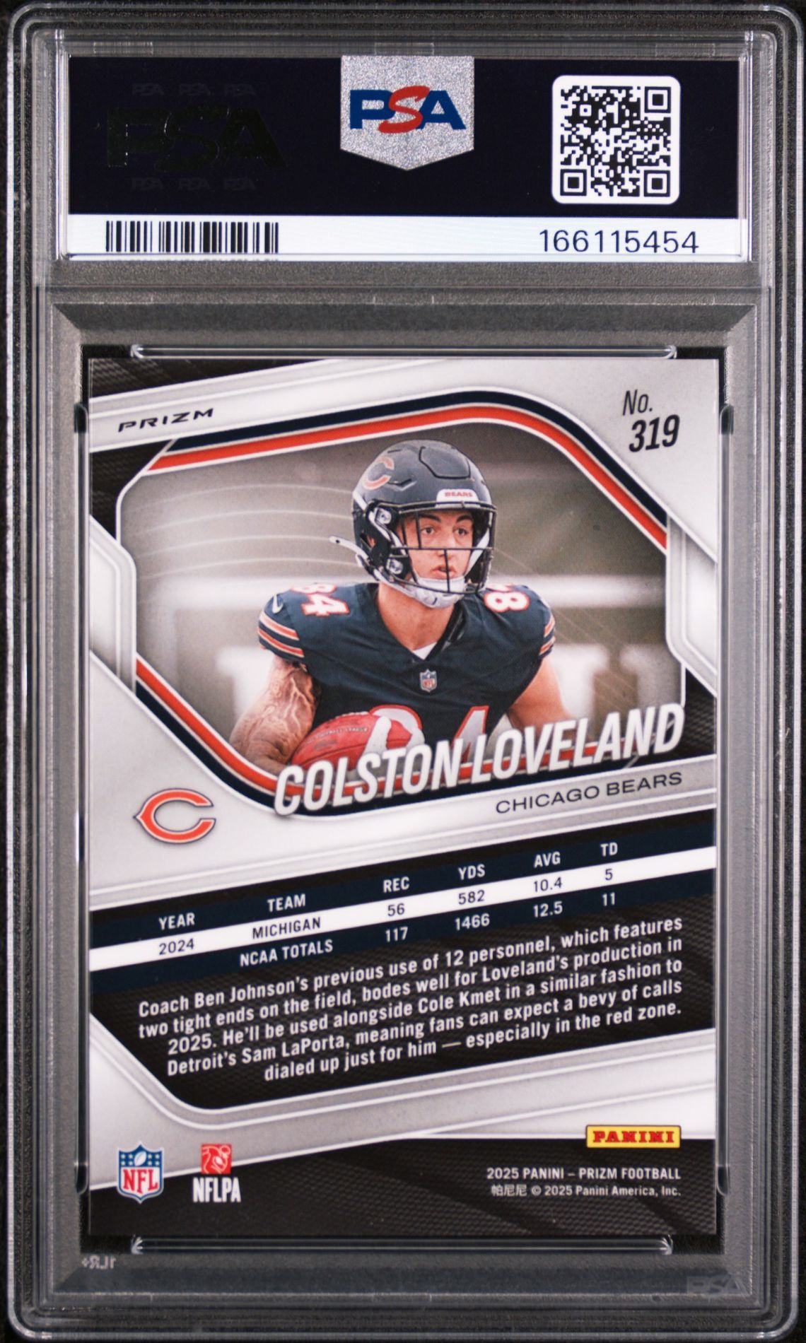 2025 Panini Prizm Colston Loveland #319 (Lazer Prizm) Mint 9 back