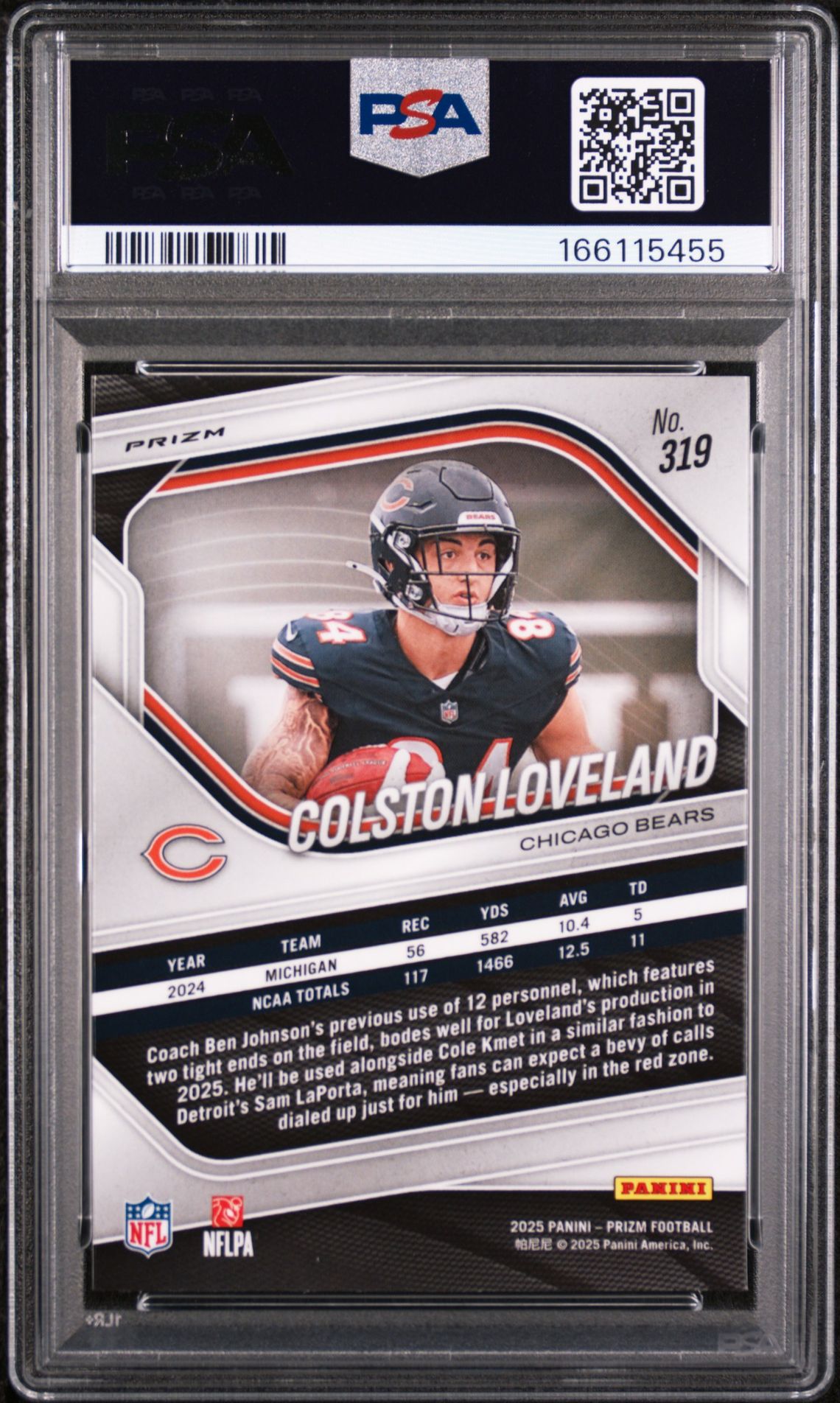 2025 Panini Prizm Colston Loveland #319 (Lazer Prizm) Gem Mt 10 back view - PSA certificate #166115455