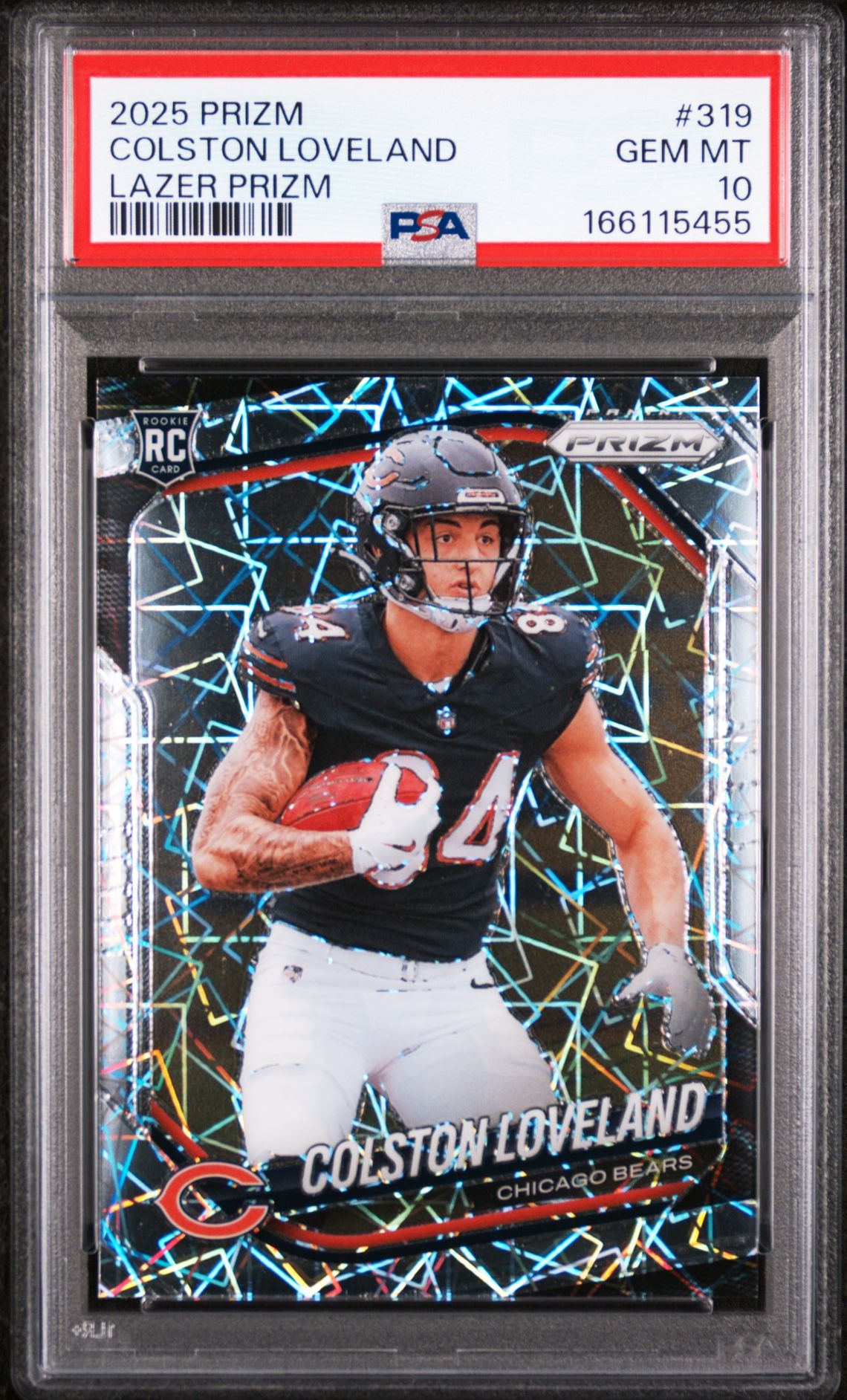 2025 Panini Prizm Colston Loveland #319 (Lazer Prizm) Gem Mt 10 front view - PSA graded GEM MT 10