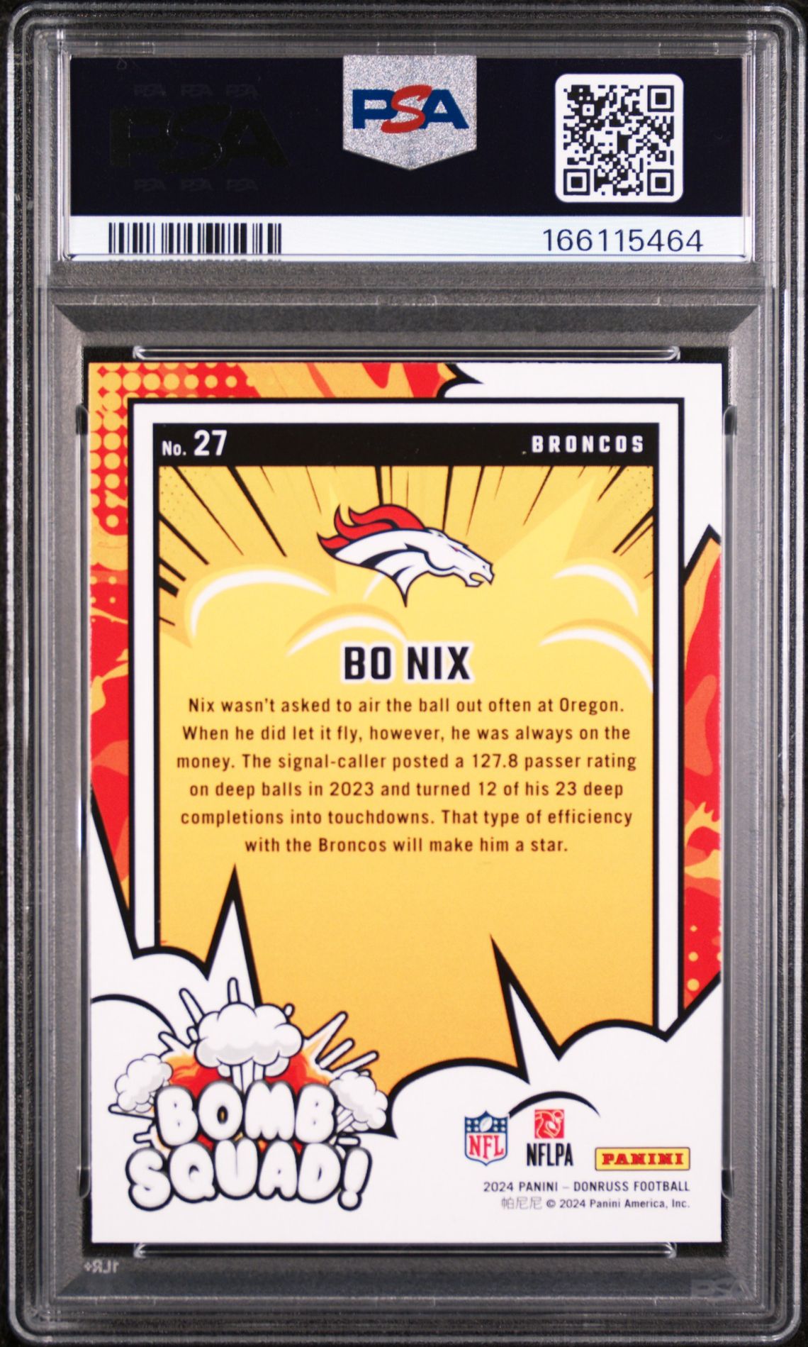 2024 Panini Donruss Bomb Squad Bo Nix #27 Gem Mt 10 back view - PSA certificate #166115464