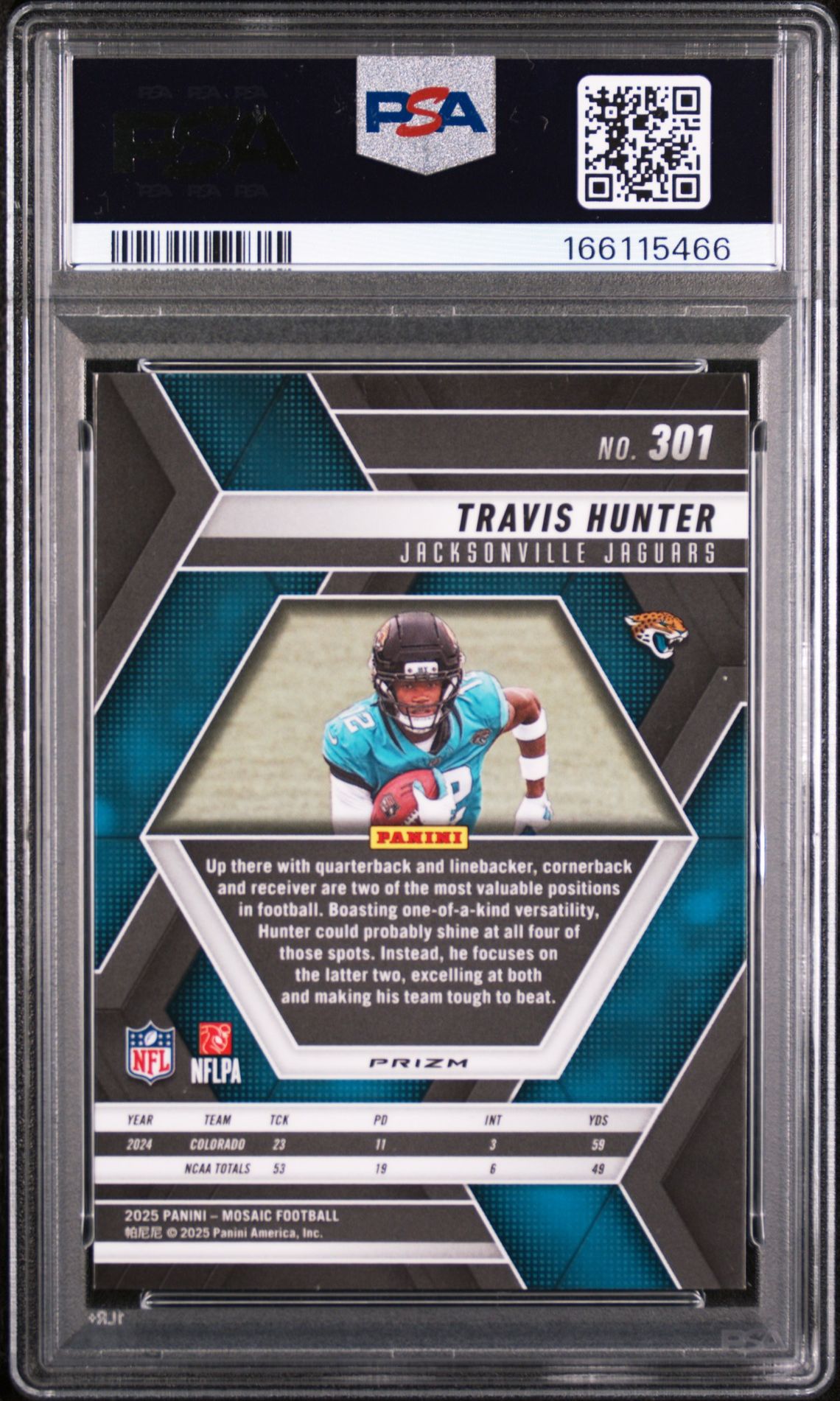 2025 Panini Mosaic Travis Hunter #301 (Red & White Stripe) Gem Mt 10 back view - PSA certificate #166115466