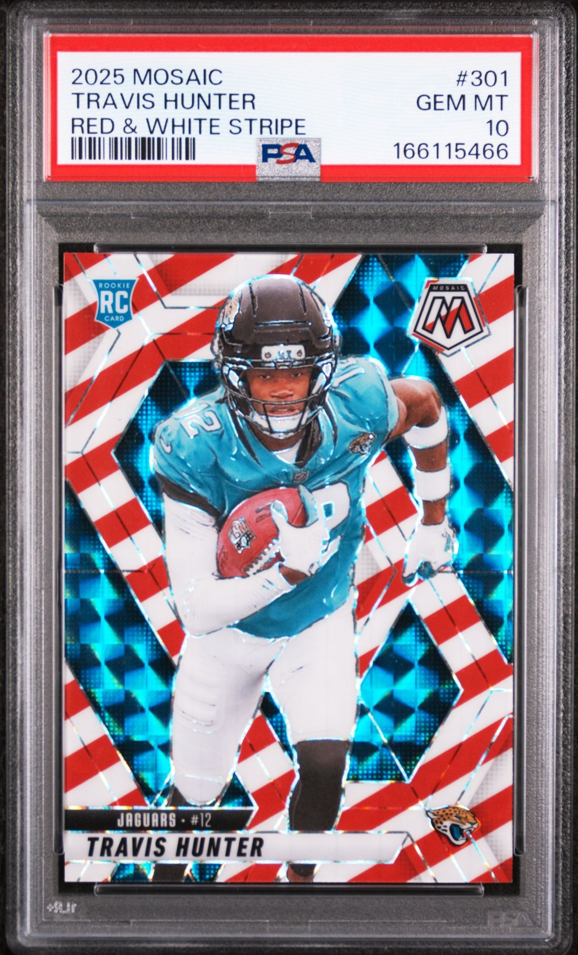 2025 Panini Mosaic Travis Hunter #301 (Red & White Stripe) Gem Mt 10 front view - PSA graded GEM MT 10