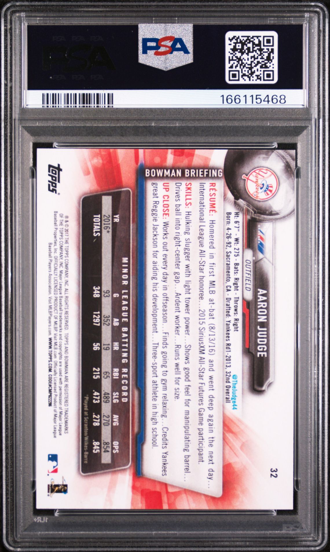 2017 Bowman Aaron Judge #32 Mint 9 back