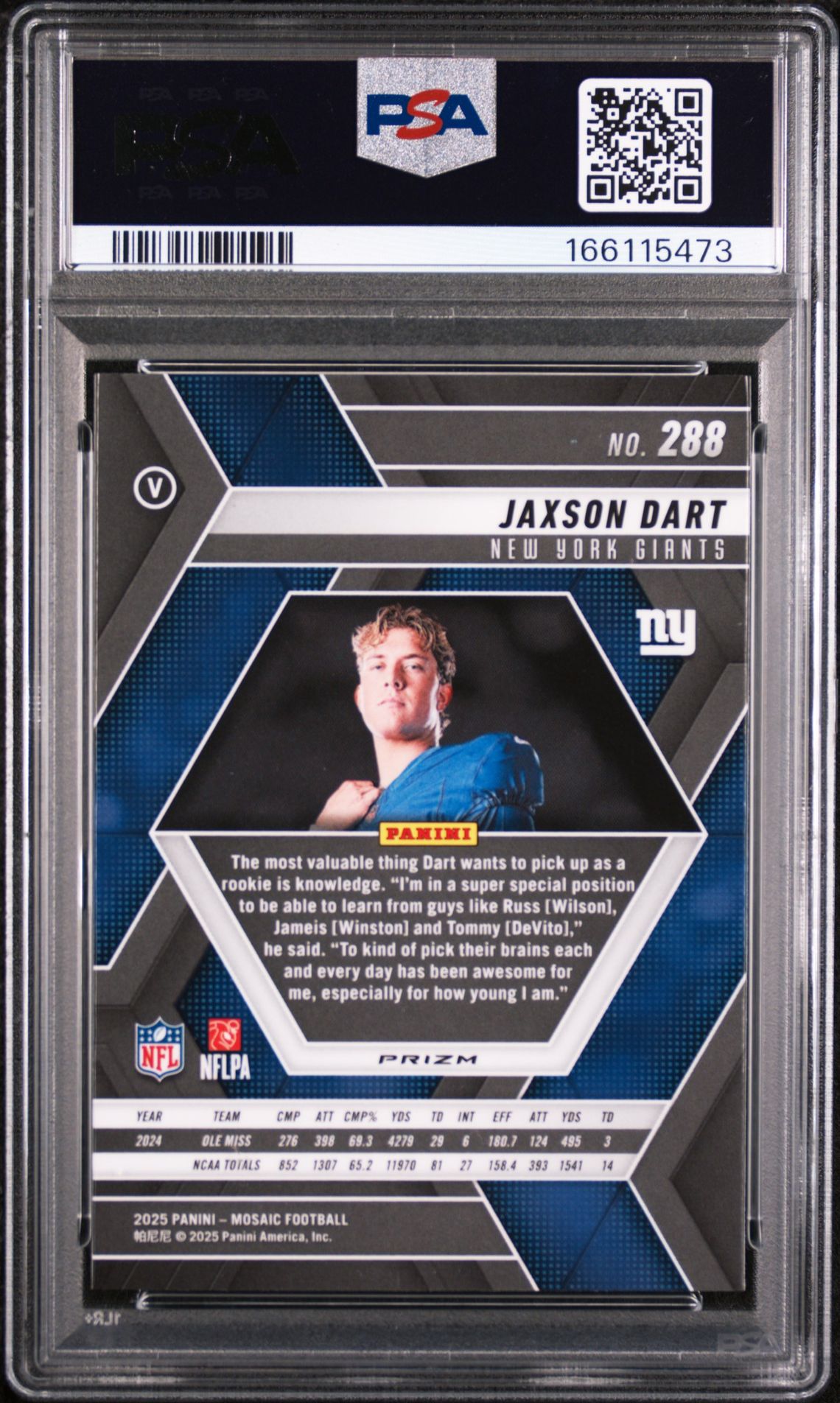 2025 Panini Mosaic Jaxson Dart #288 (Pink Camo) Gem Mt 10 back