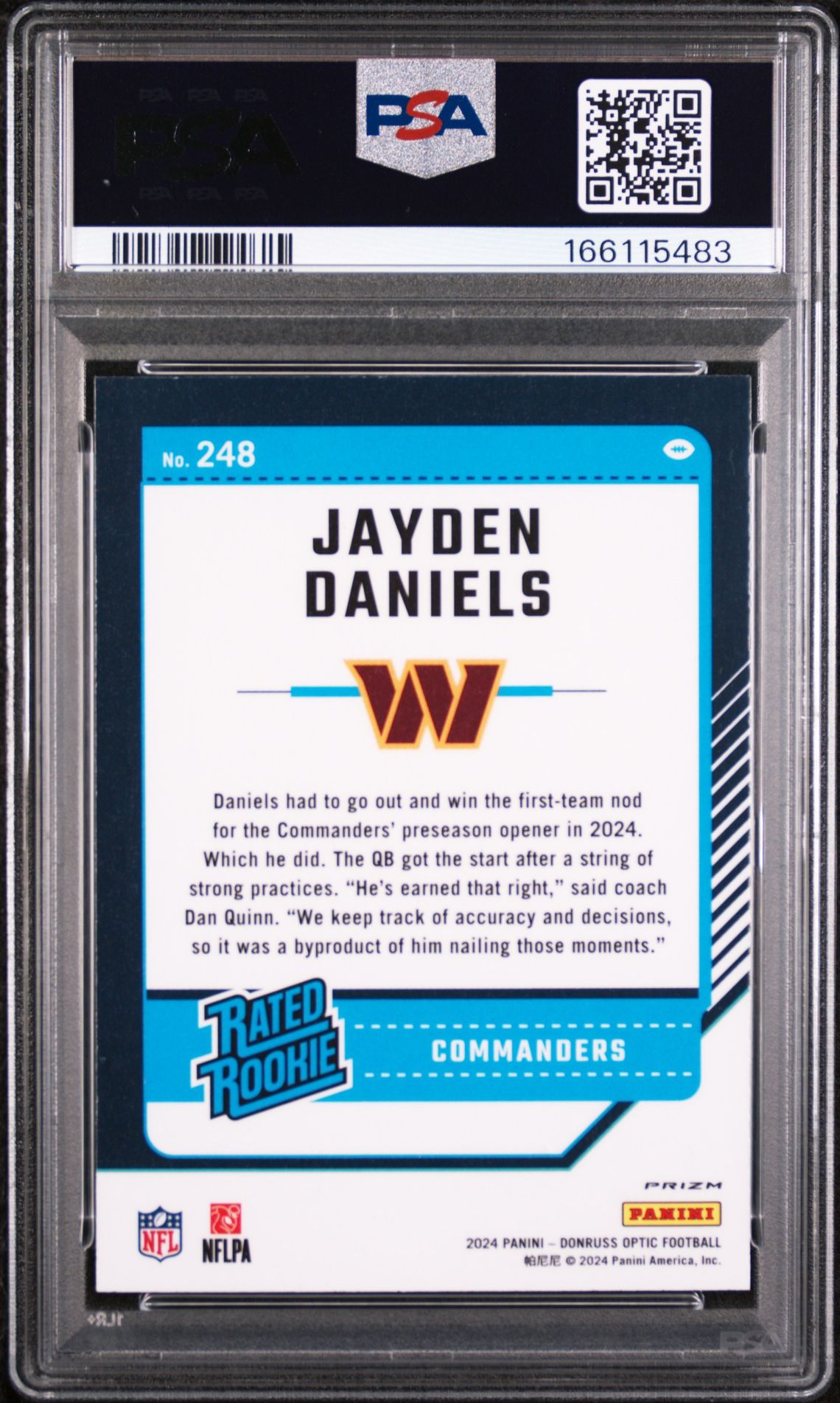 2024 Panini Donruss Optic Jayden Daniels #248 (Blue Hyper) Gem Mt 10 back view - PSA certificate #166115483