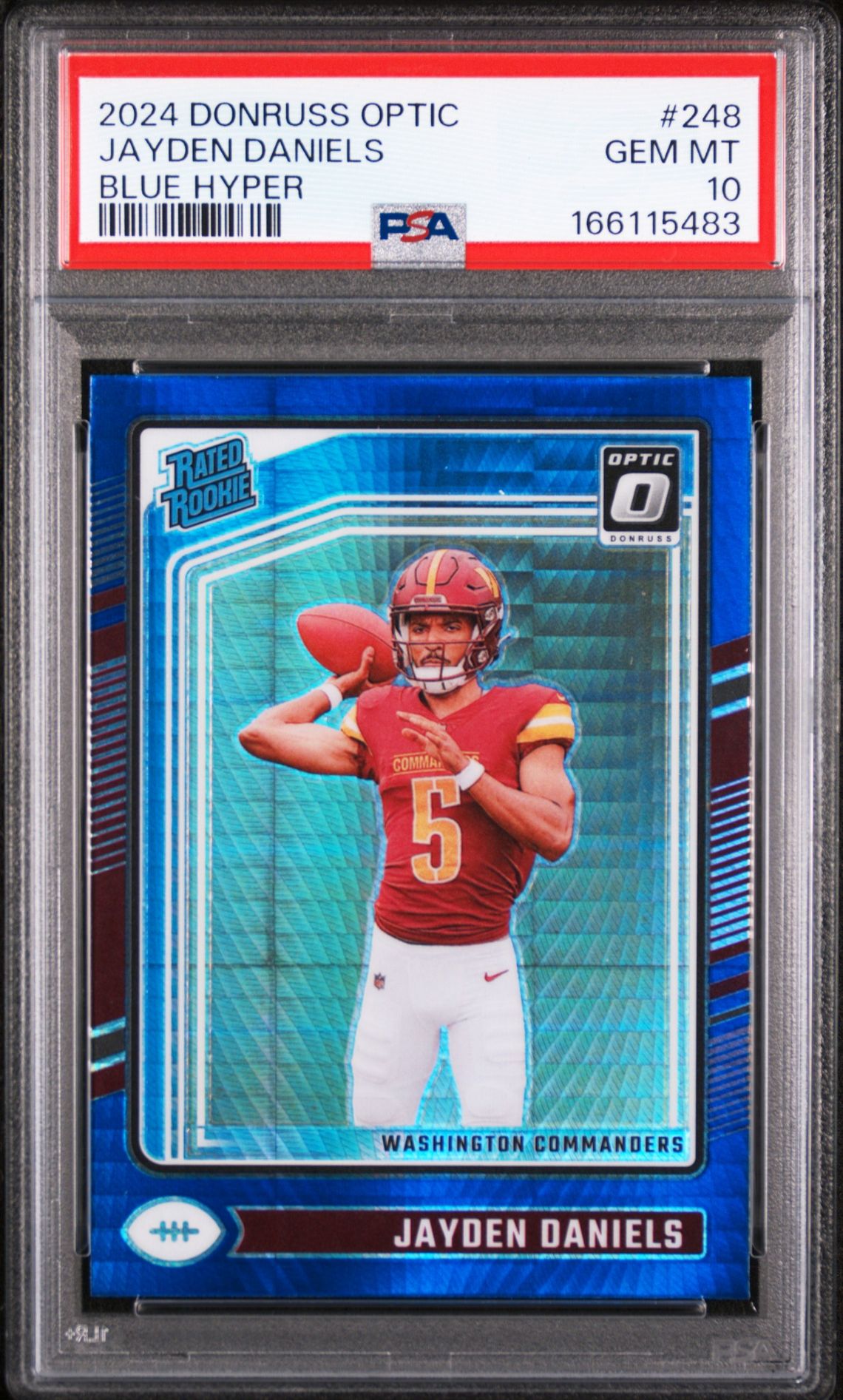 2024 Panini Donruss Optic Jayden Daniels #248 (Blue Hyper) Gem Mt 10 front view - PSA graded GEM MT 10