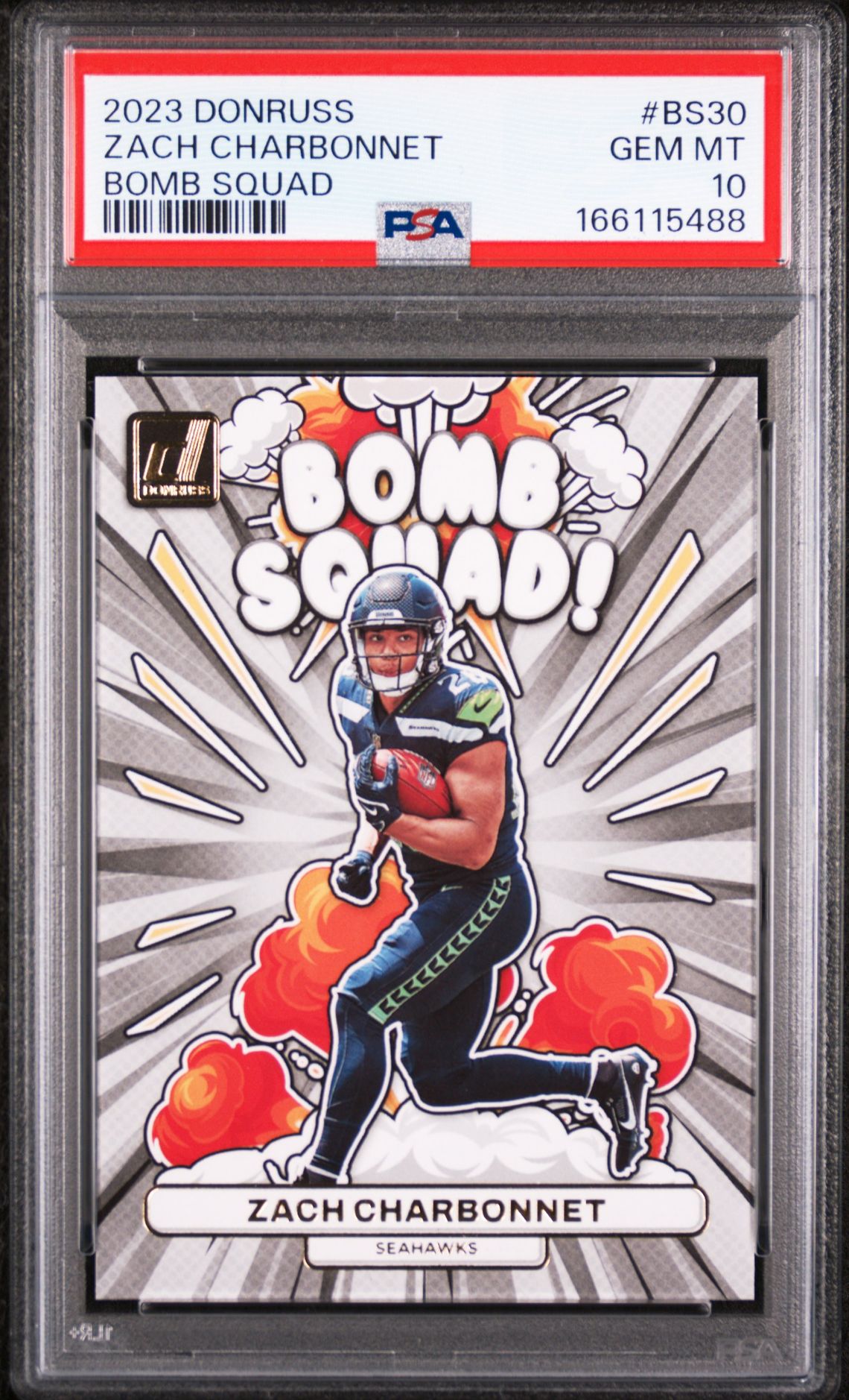 2023 Panini Donruss Bomb Squad Zach Charbonnet #Bs30 Gem Mt 10 front view - PSA graded GEM MT 10