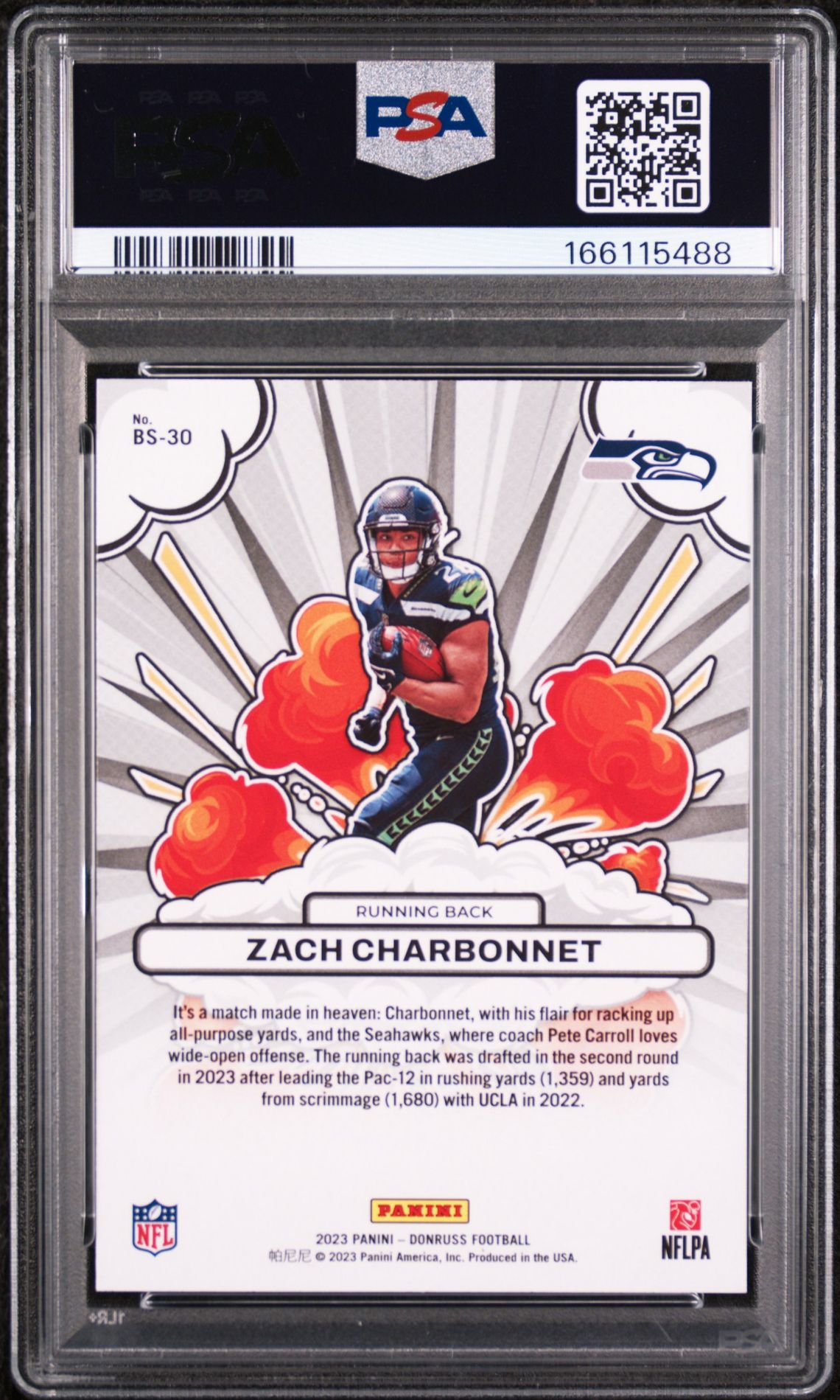 2023 Panini Donruss Bomb Squad Zach Charbonnet #Bs30 Gem Mt 10 back view - PSA certificate #166115488