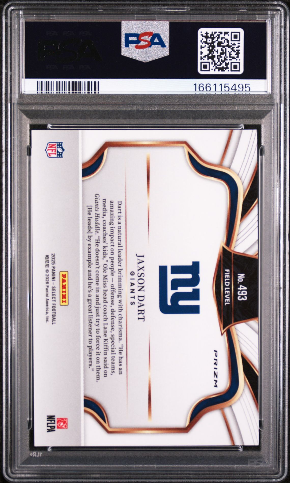 2025 Panini Select Jaxson Dart #493 (Silver Prizm) Gem Mt 10 back view - PSA certificate #166115495