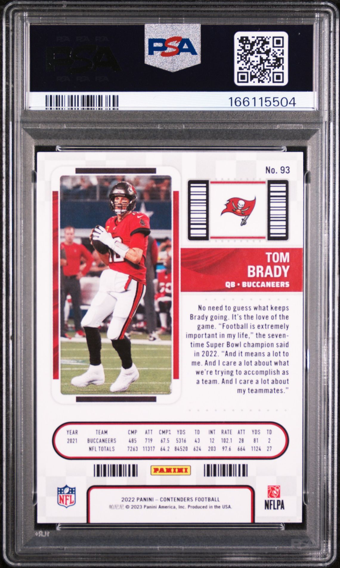 2022 PANINI CONTENDERS TOM BRADY  93 GEM MT 10 back