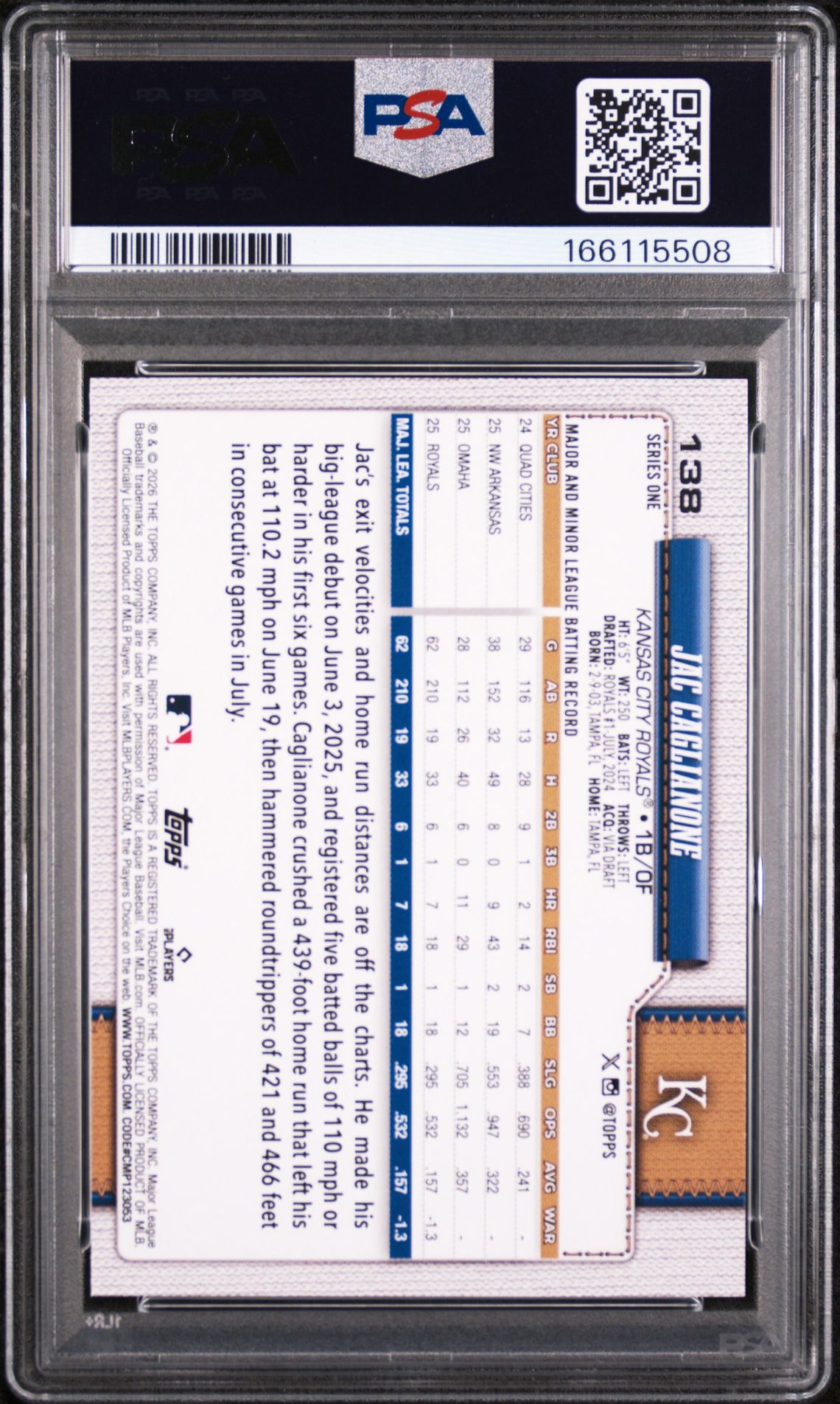 2026 Topps Jac Caglianone #138 Gem Mt 10 back view - PSA certificate #166115508