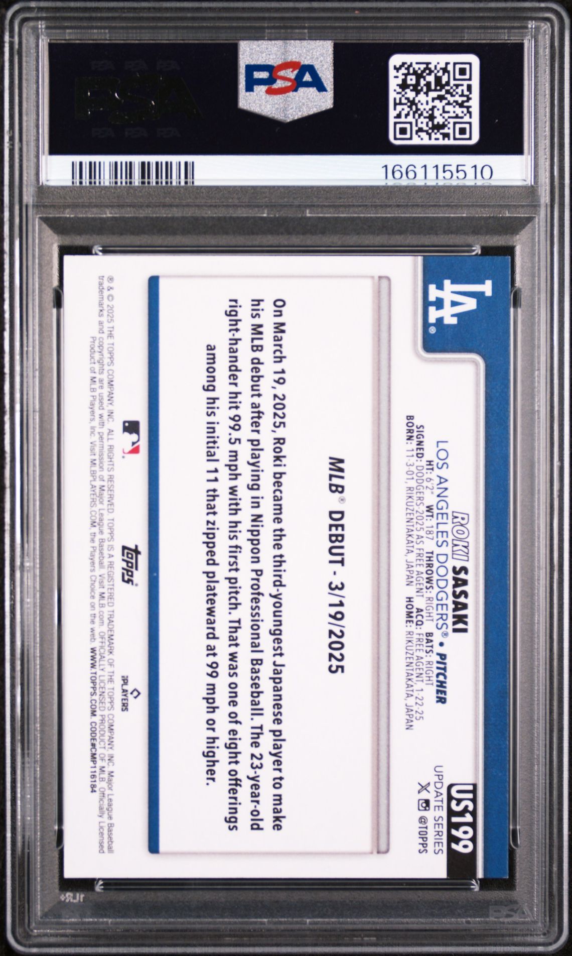 2025 Topps Update Roki Sasaki #199 Mint 9 back