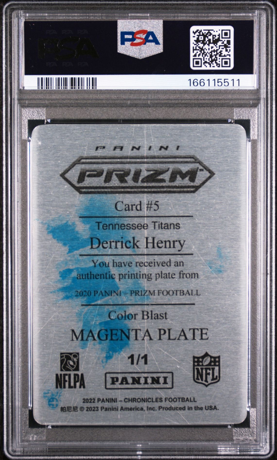 2022 Panini Chronicles Printing Plates Derrick Henry #5 (Plt-'20 Prz Clr Blst-Mag 1/1) N0: Authentic back
