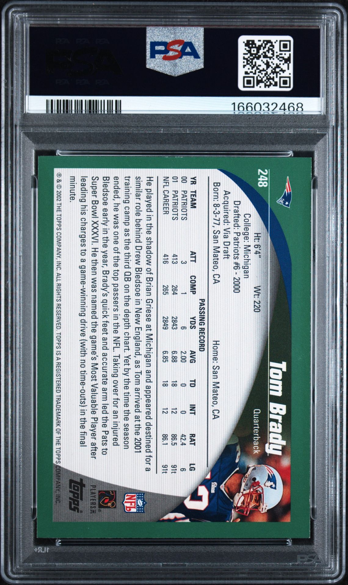 2002 Topps Tom Brady #248 Nm 7 back