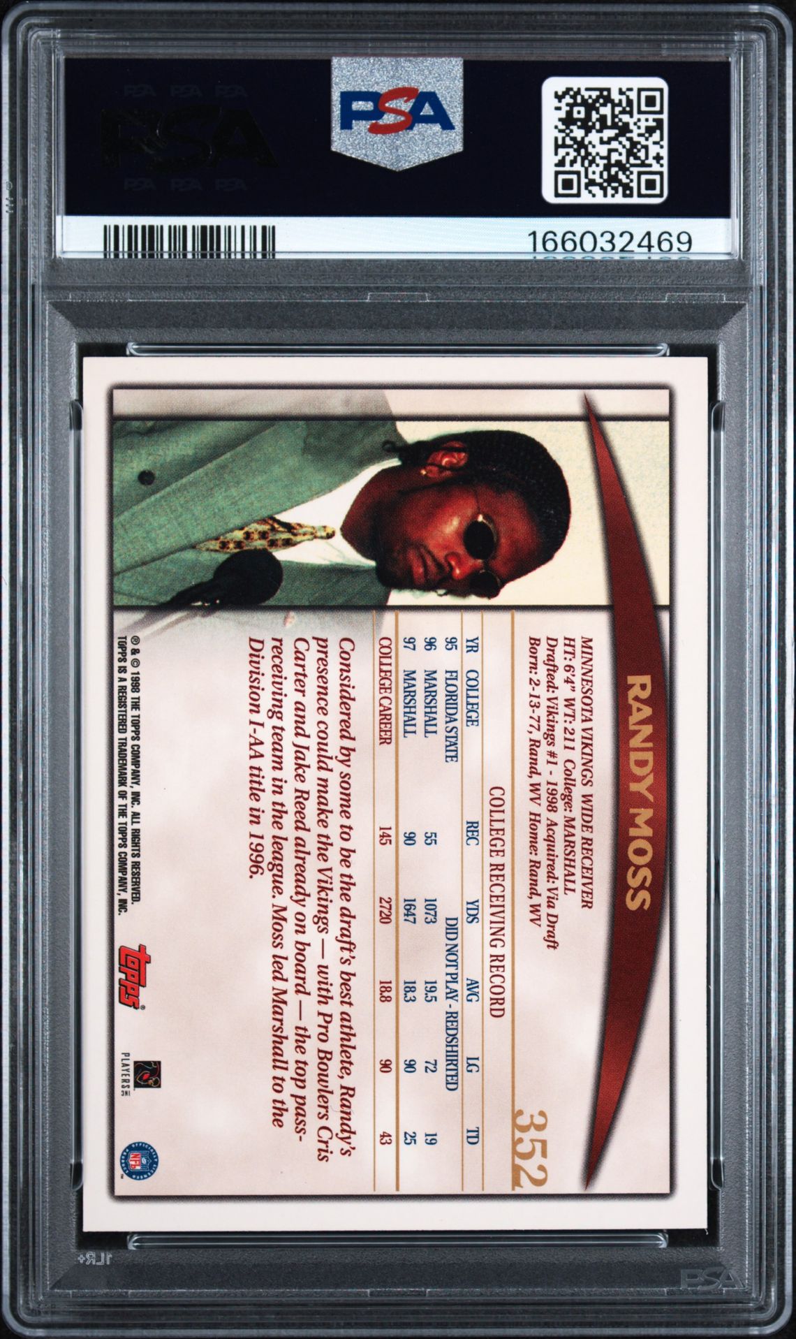 1998 Topps Randy Moss #352 Nm-Mt 8 back
