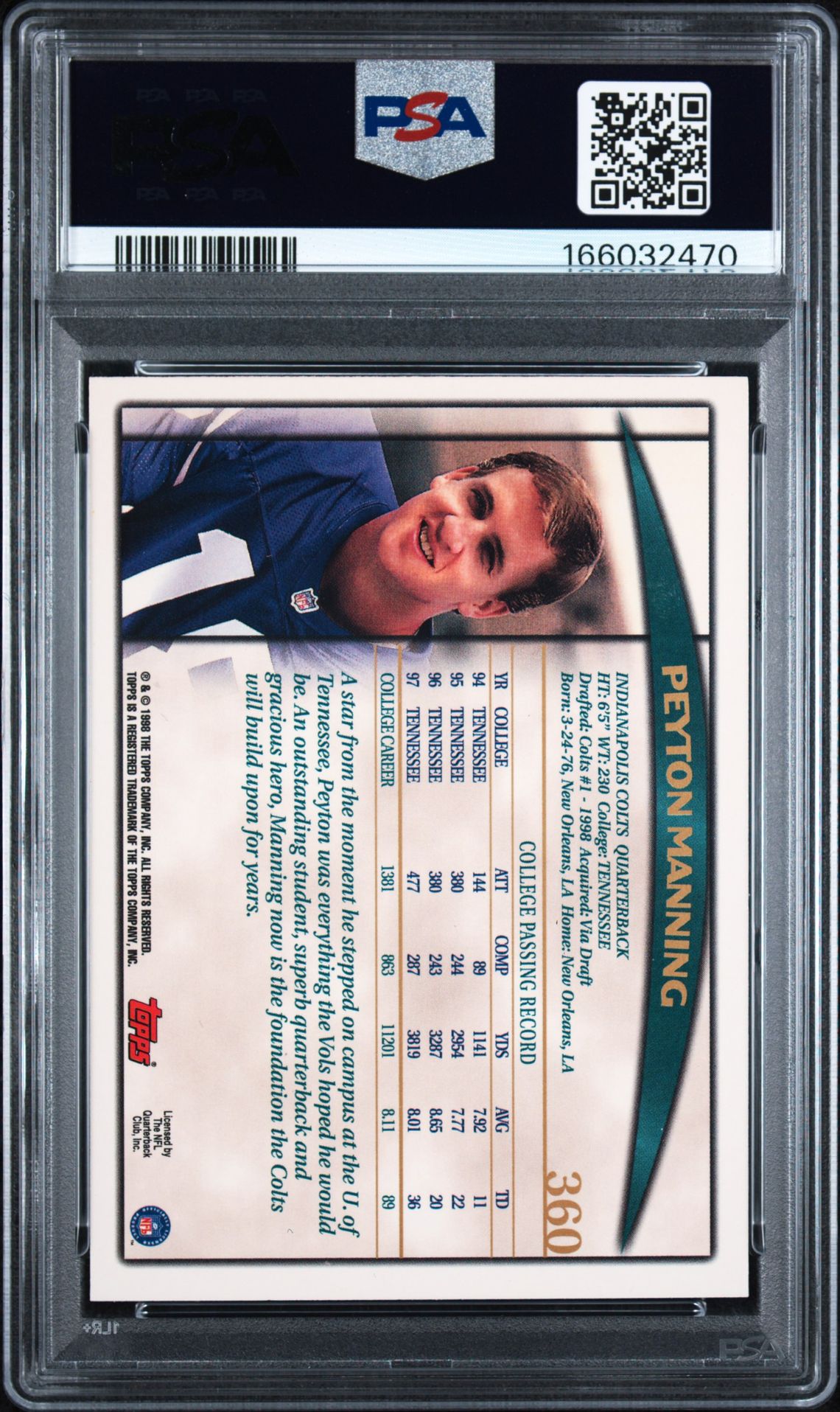1998 Topps Peyton Manning #360 Nm-Mt 8 back