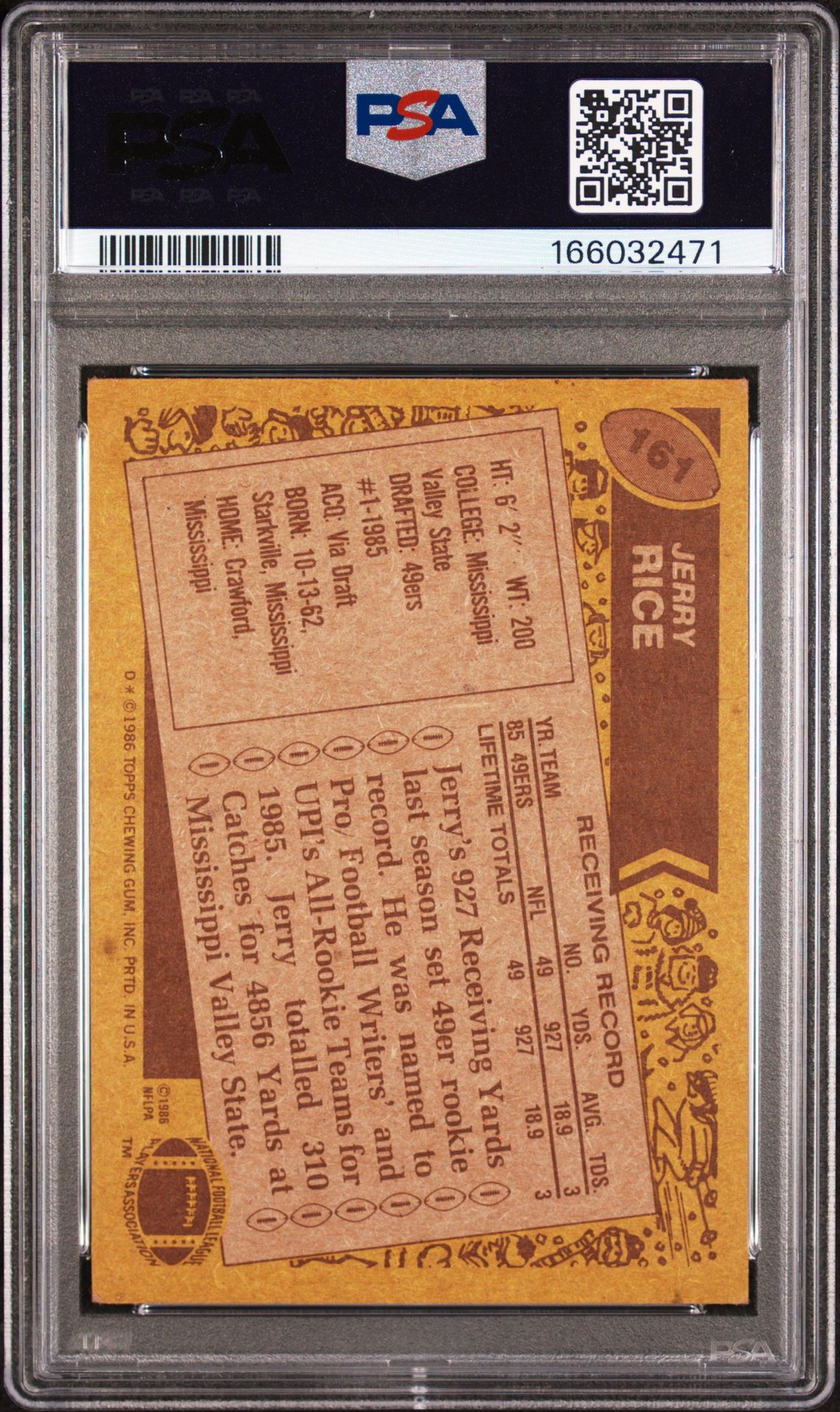 1986 Topps Jerry Rice #161 Vg-Ex 4 back
