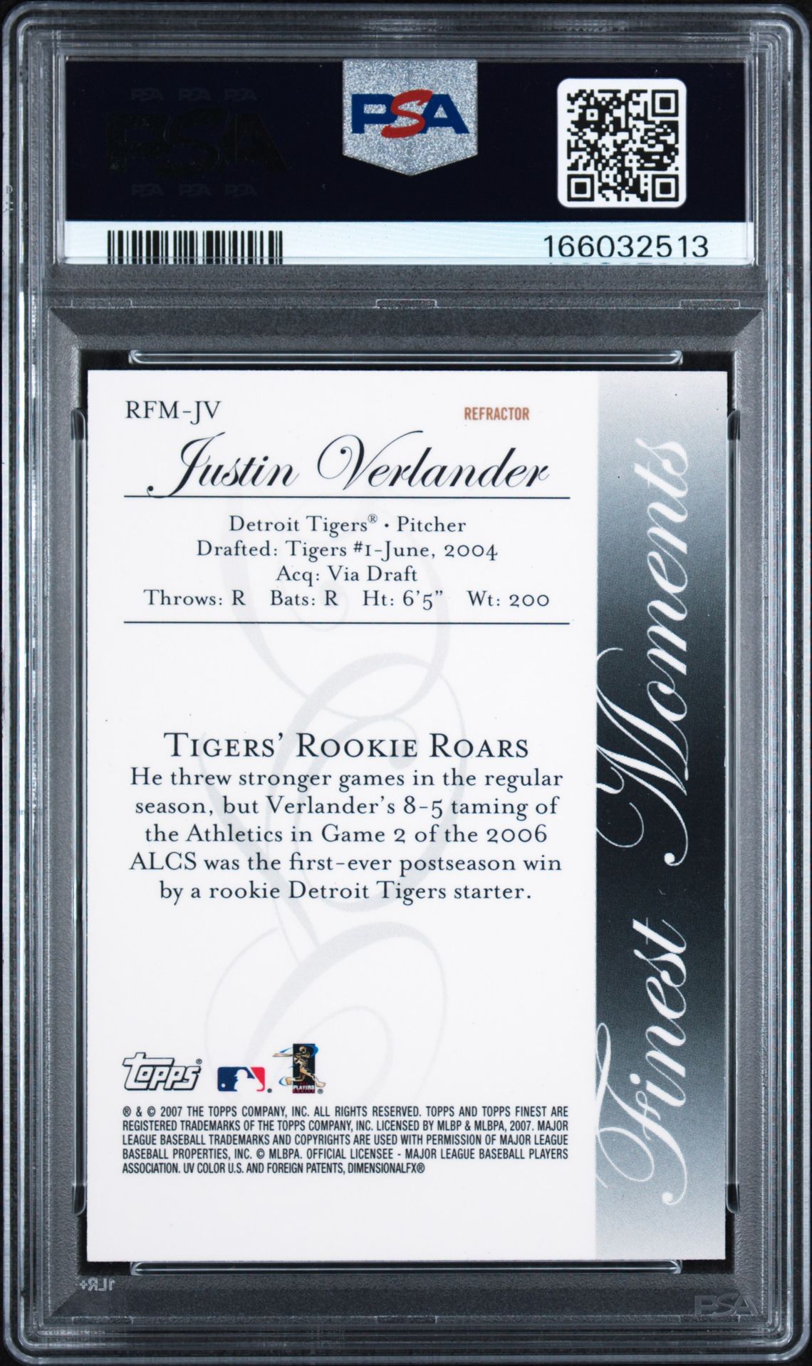 2007 Finest Rookie Finest Moments Justin Verlander #Rfmjv (Finest Moments-Refractor) Nm-Mt 8 back