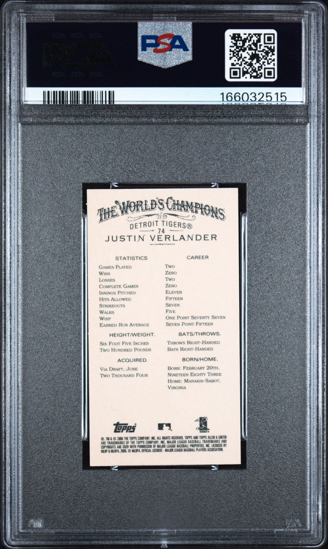 2006 Topps Allen & Ginter Justin Verlander #74 (Allen & Ginter-Mini) Gem Mt 10 back