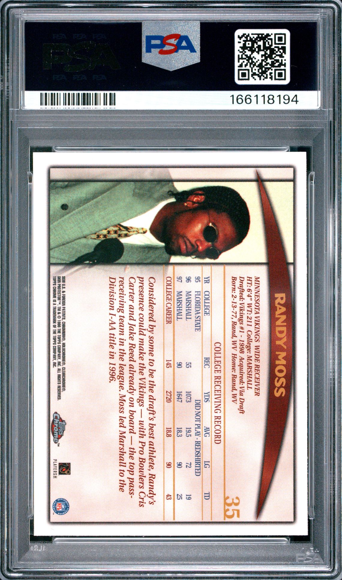 1998 Topps Chrome Randy Moss #35 Gem Mt 10 back