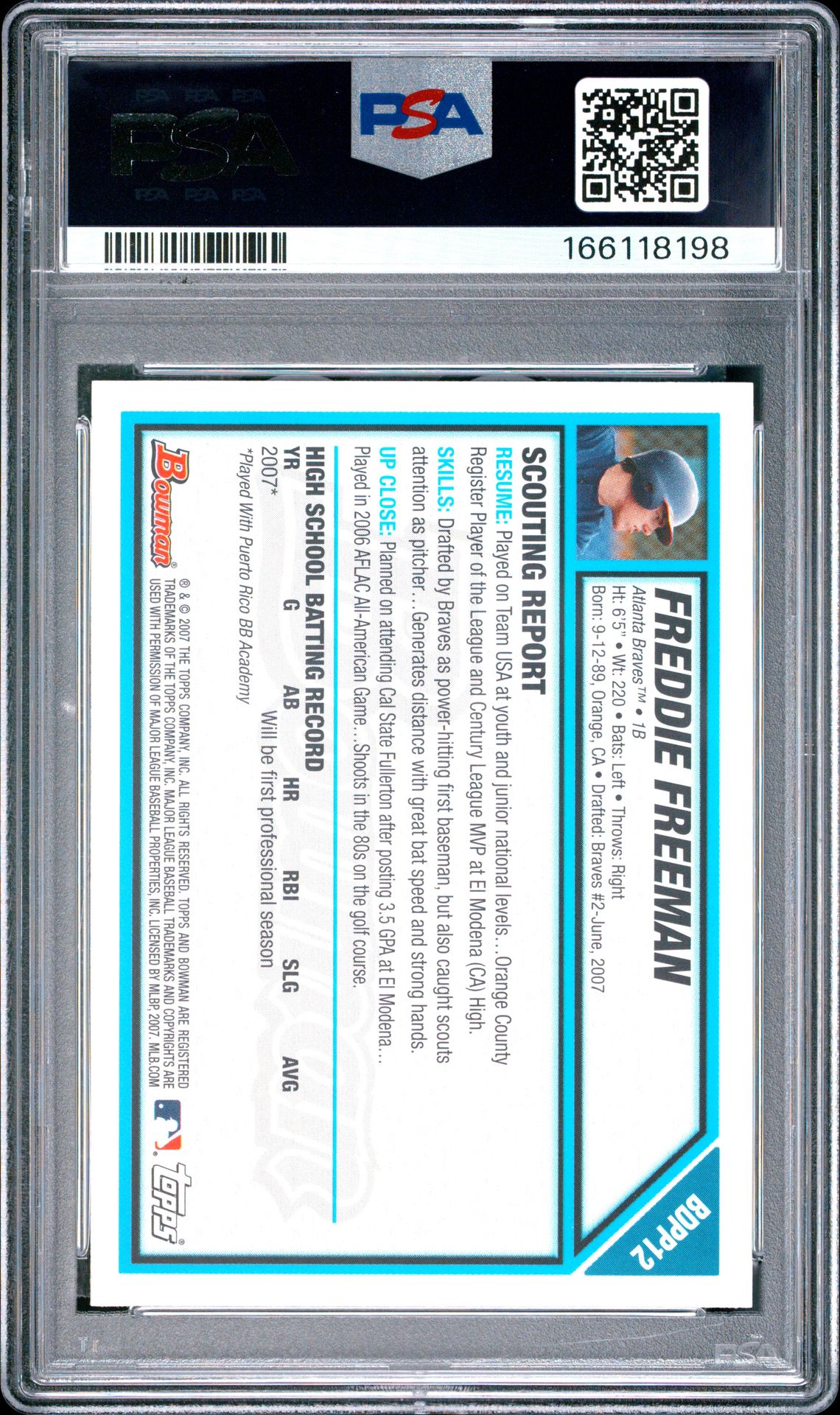 2007 Bowman Draft Picks & Prospects Freddie Freeman #Bdpp12 (Draft Picks & Prospects) Gem Mt 10 back view - PSA certificate #166118198