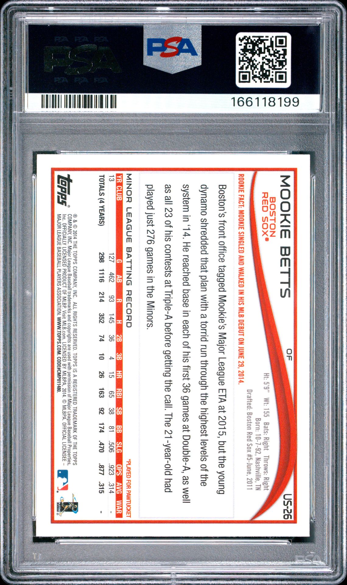 2014 Topps Update Mookie Betts #Us26 (Variation) Gem Mt 10 back view - PSA certificate #166118199