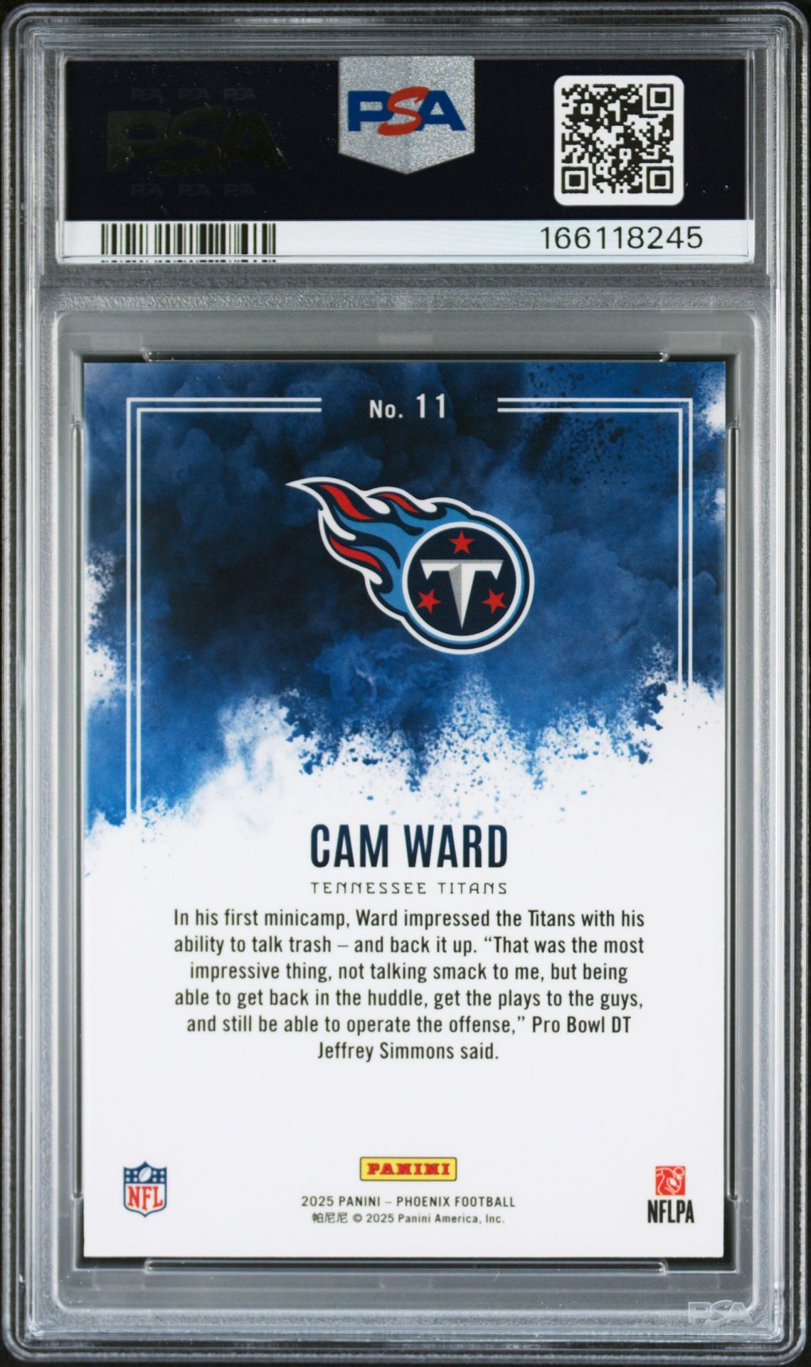 2025 Panini Phoenix Color Blast Cam Ward #11 Gem Mt 10 back view - PSA certificate #166118245