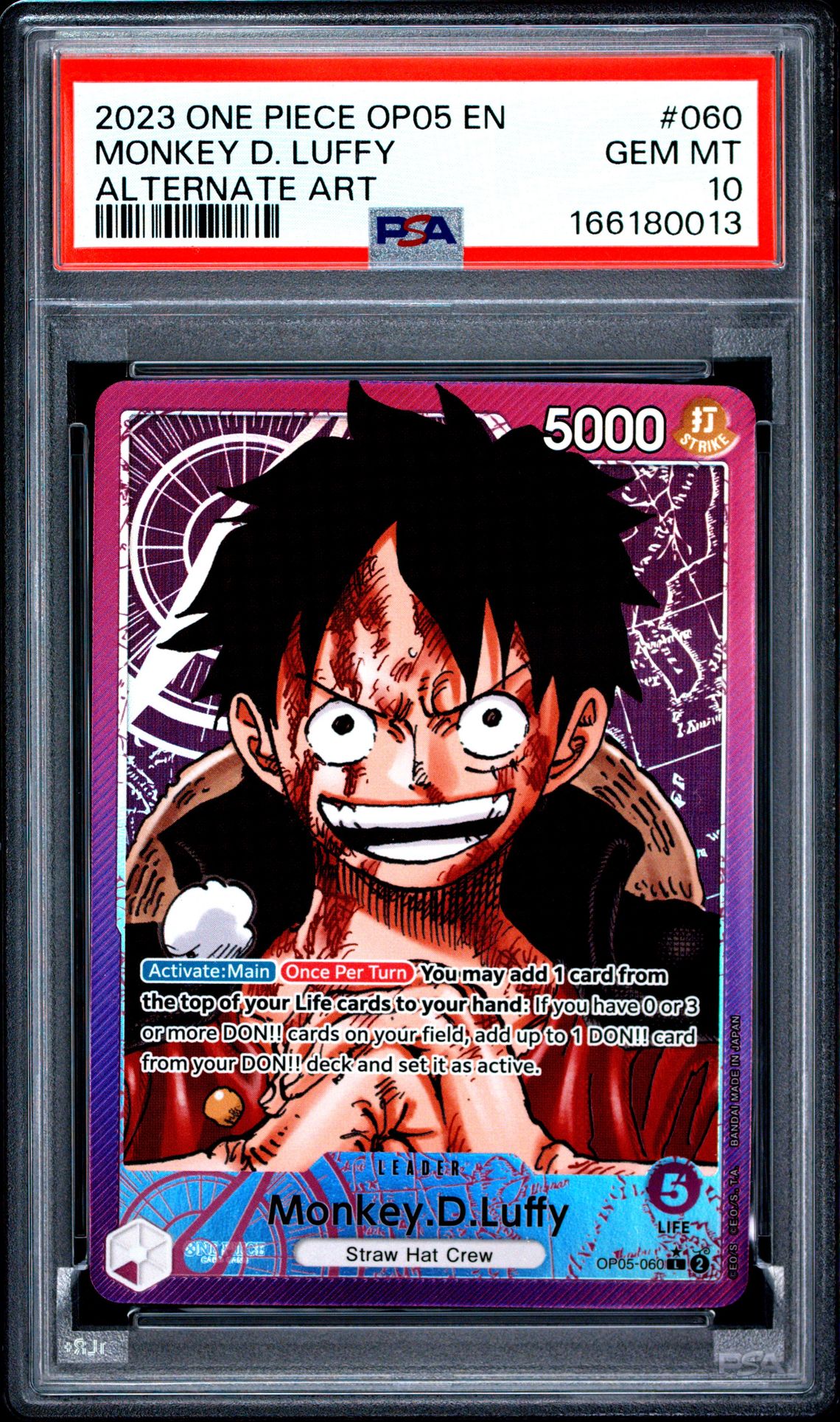 2023 One Piece Op05-Awakening Of The New Era Monkey D. Luffy #060 (Alternate Art) Gem Mt 10 front view - PSA graded GEM MT 10