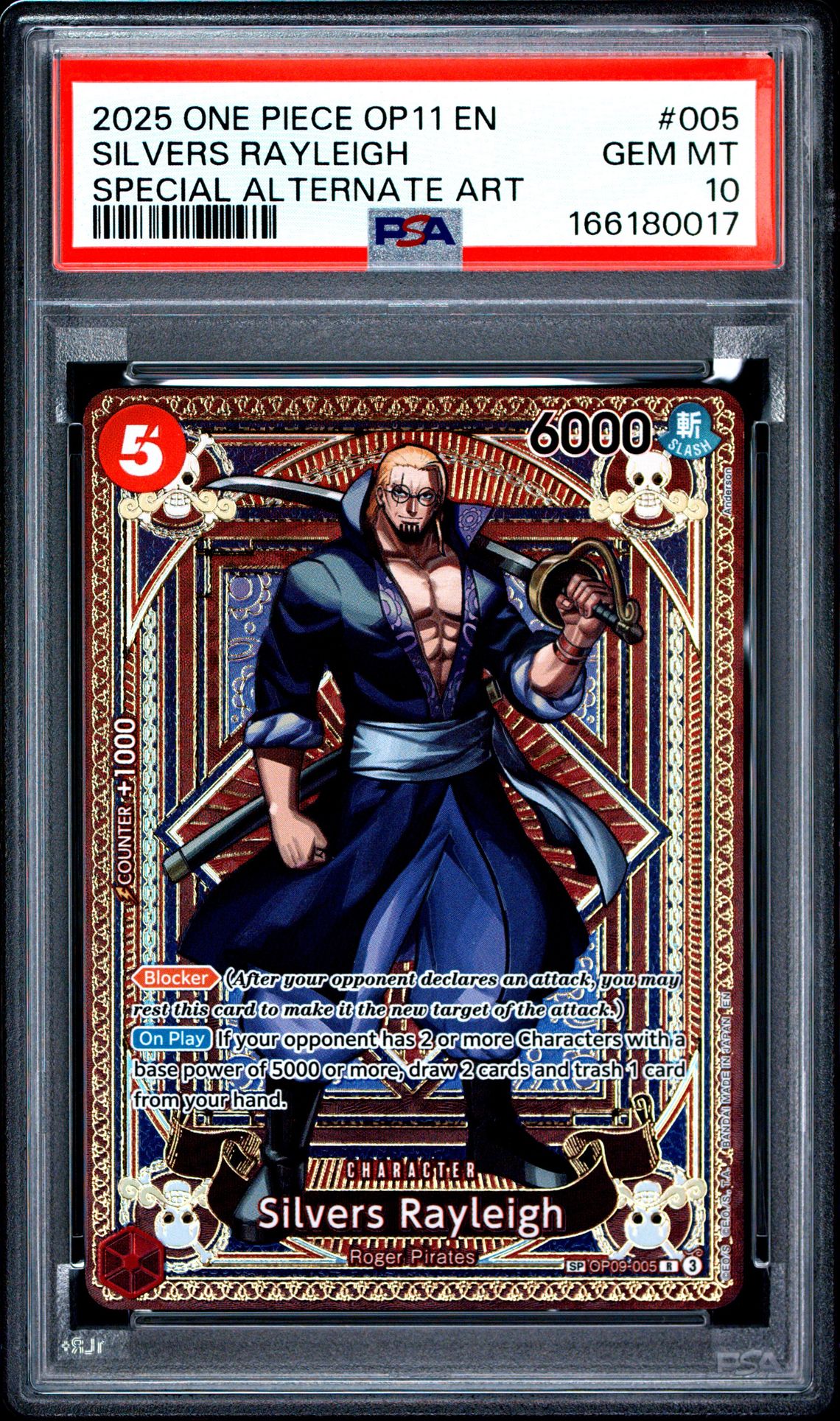 2025 One Piece Op11-A Fist Of Divine Speed Silvers Rayleigh #005 (Special Alternate Art) Gem Mt 10 front view - PSA graded GEM MT 10