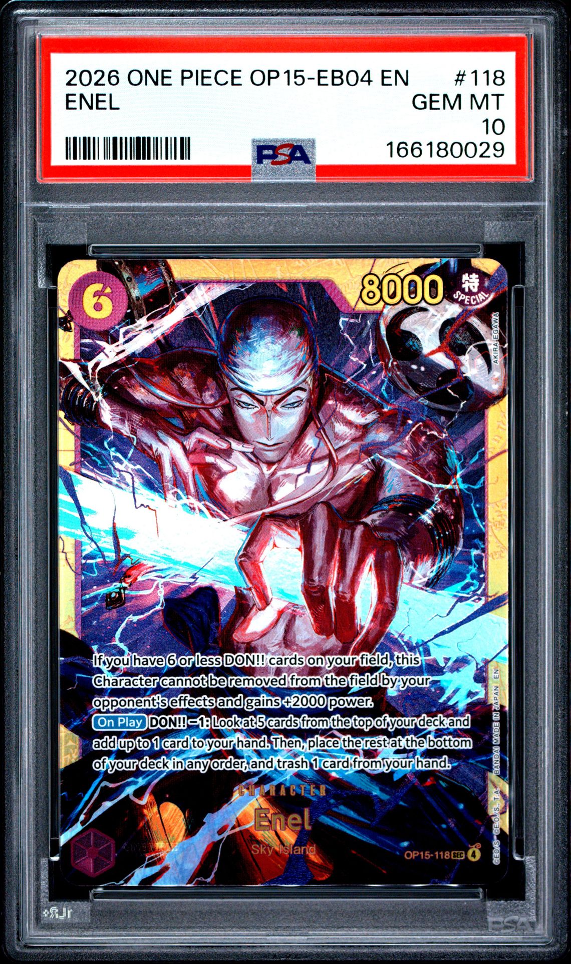 2026 One Piece Op15-Eb04-Adventure On Kami's Island Enel #118 Gem Mt 10 front view - PSA graded GEM MT 10