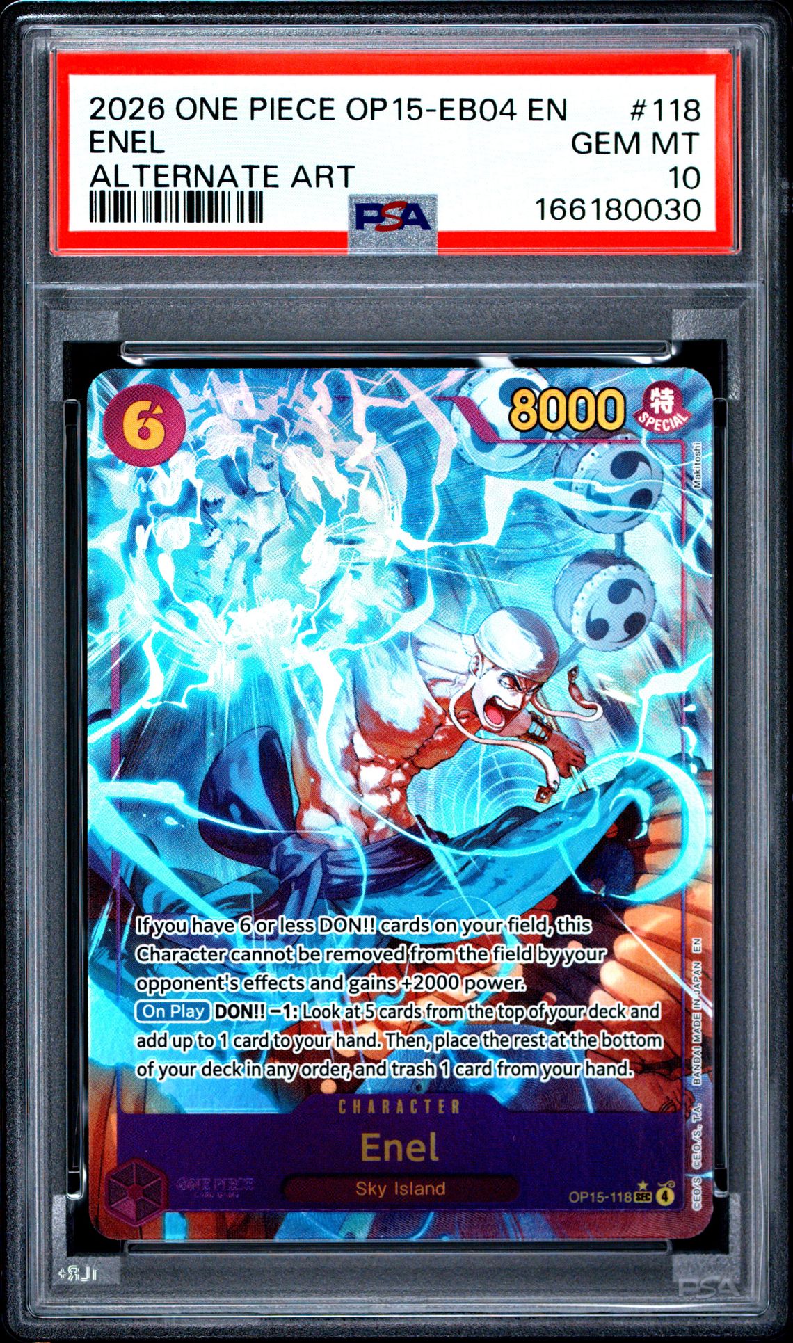 2026 One Piece Op15-Eb04-Adventure On Kami's Island Enel #118 (Alternate Art) Gem Mt 10 front view - PSA graded GEM MT 10