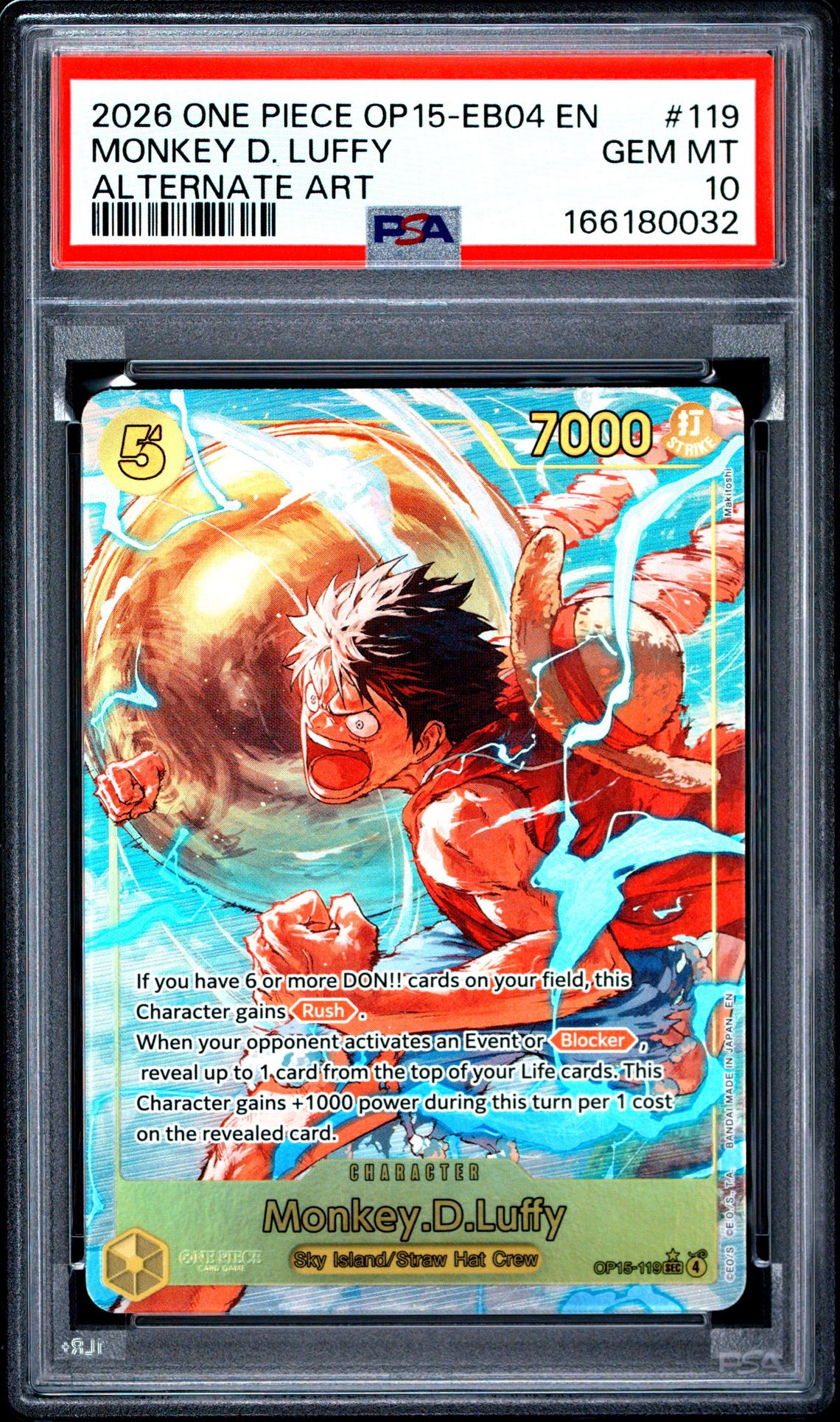 2026 One Piece Op15-Eb04-Adventure On Kami's Island Monkey D. Luffy #119 (Alternate Art) Gem Mt 10 front view - PSA graded GEM MT 10