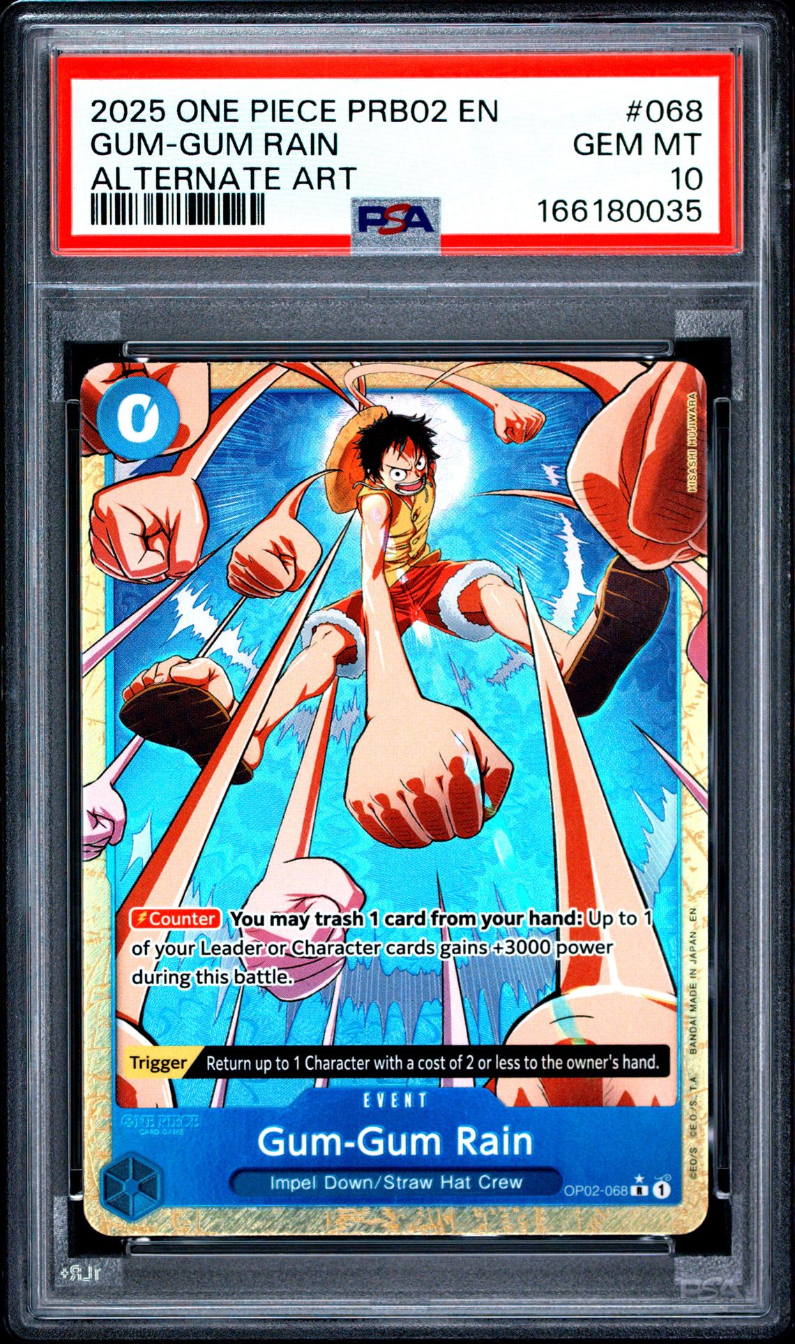 2025 One Piece Prb02-Premium Booster -One Piece Card The Best- Vol.2 Gum-Gum Rain #068 (Alternate Art) Gem Mt 10 front view - PSA graded GEM MT 10