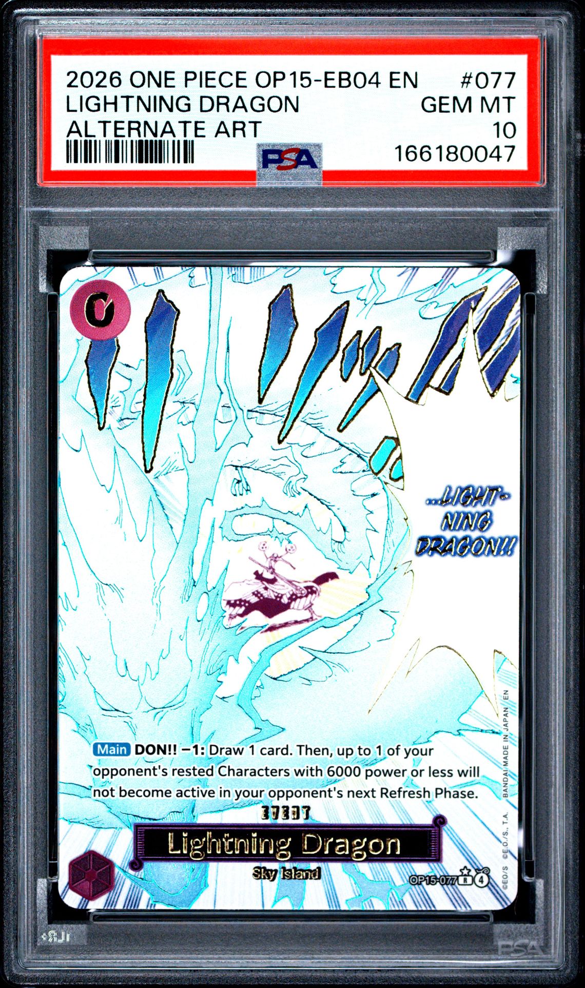 2026 One Piece Op15-Eb04-Adventure On Kami's Island Lightning Dragon #077 (Alternate Art) Gem Mt 10 front view - PSA graded GEM MT 10