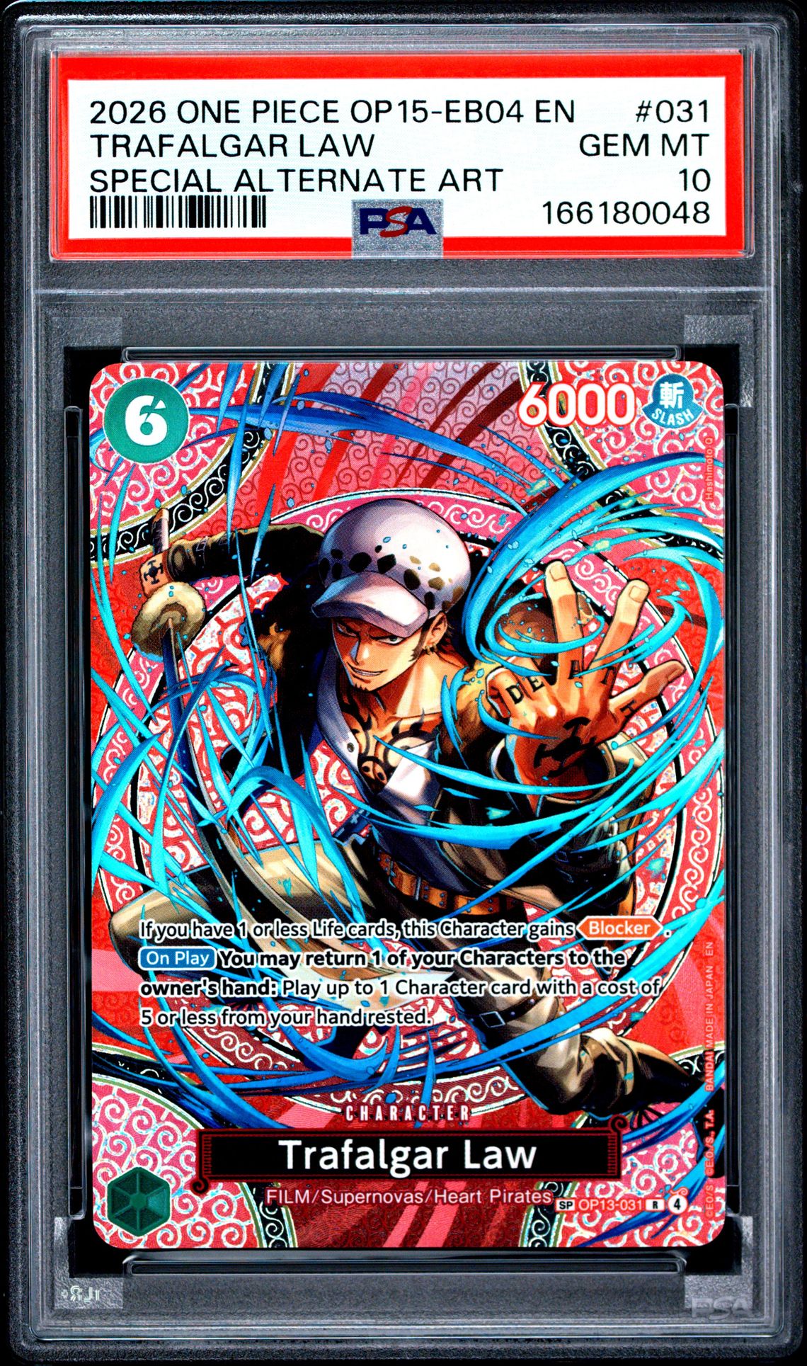 2026 One Piece Op15-Eb04-Adventure On Kami's Island Trafalgar Law #031 (Special Alternate Art) Gem Mt 10 front view - PSA graded GEM MT 10