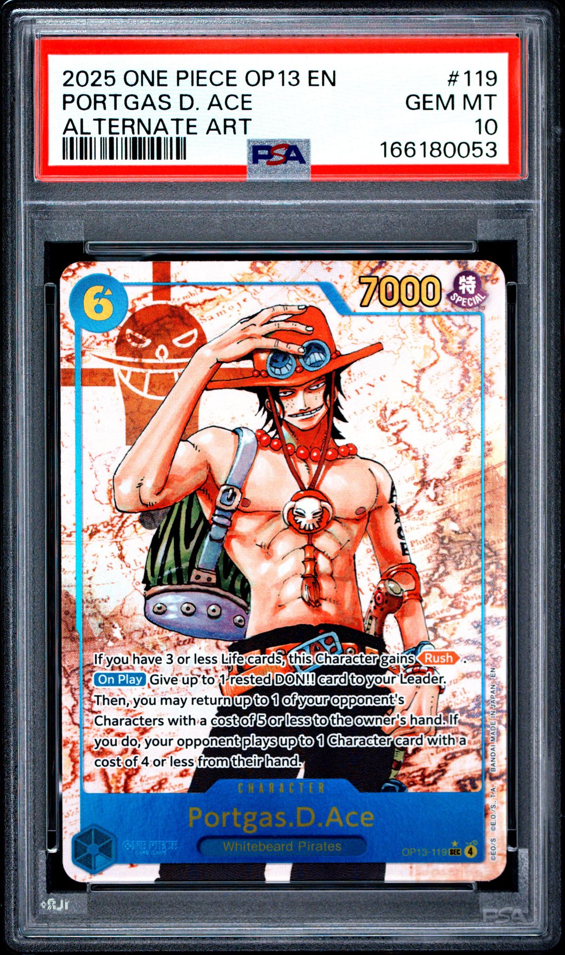 2025 One Piece Op13-Carrying On His Will Portgas D. Ace #119 (Alternate Art) Gem Mt 10 front view - PSA graded GEM MT 10