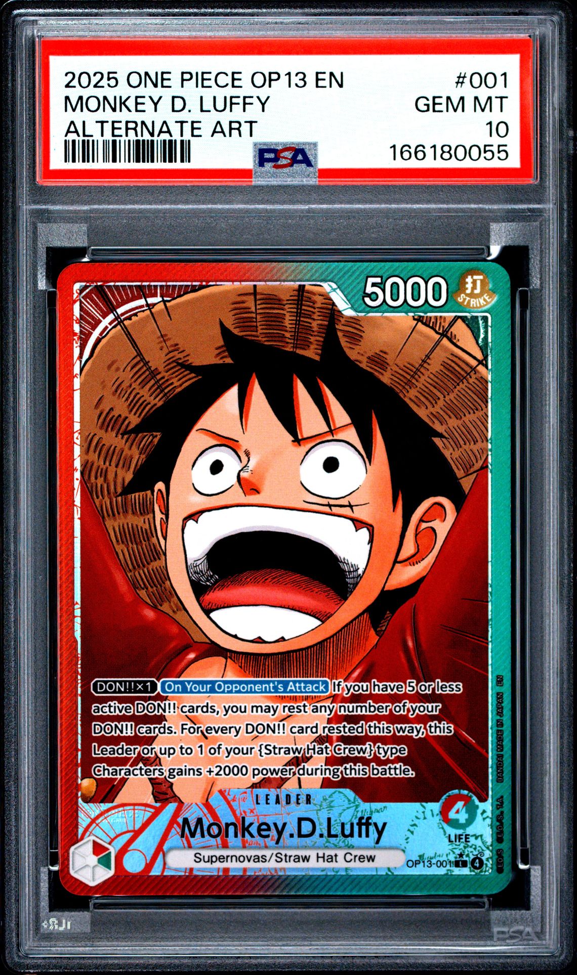 2025 One Piece Op13-Carrying On His Will Monkey D. Luffy #001 (Alternate Art) Gem Mt 10 front view - PSA graded GEM MT 10