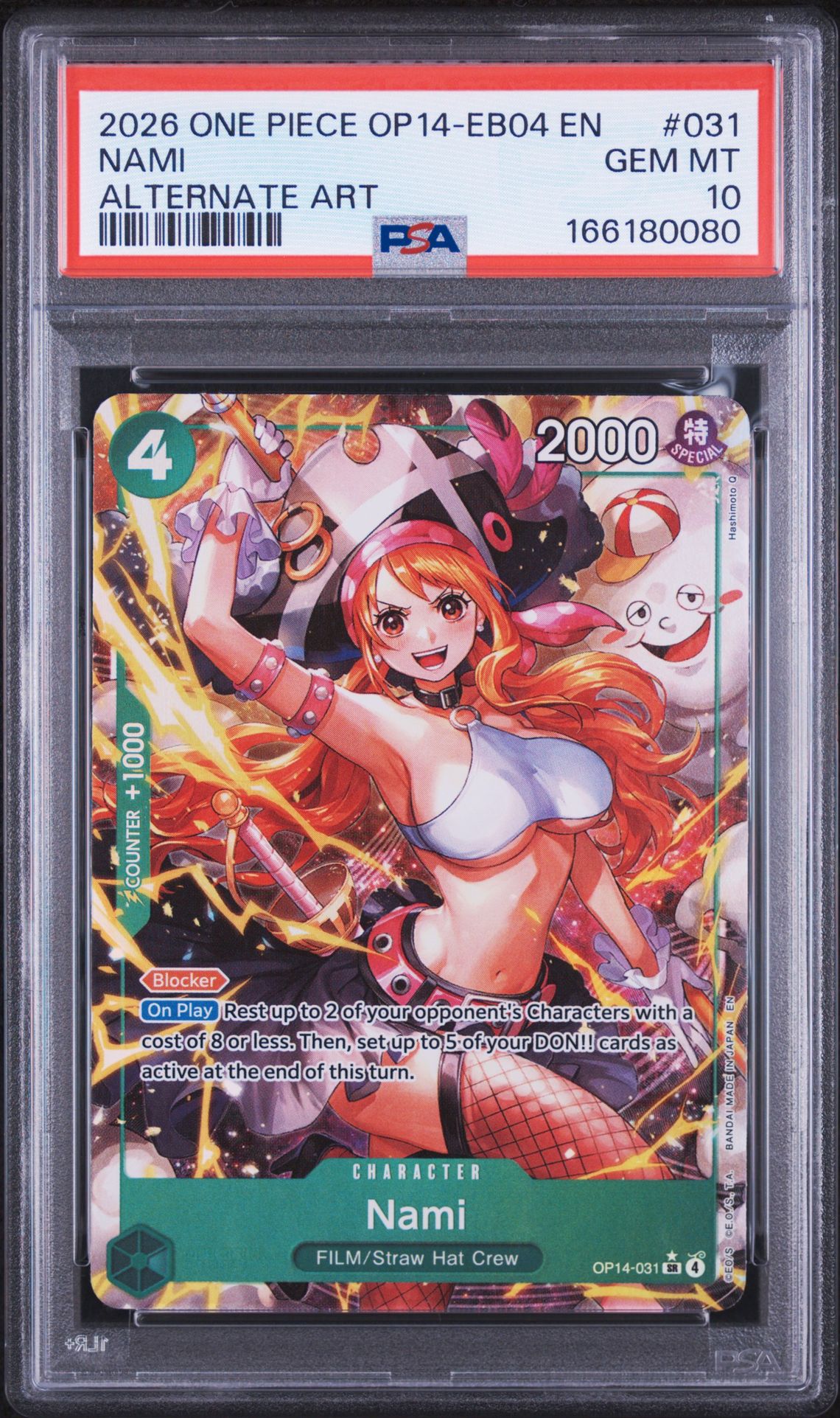 2026 One Piece Op14-Eb04-The Azure Sea's Seven Nami #031 (Alternate Art) Gem Mt 10 front view - PSA graded GEM MT 10