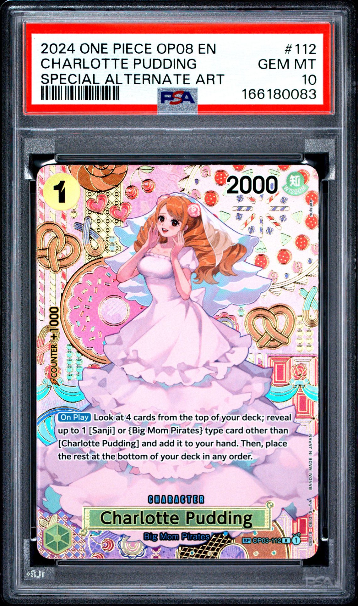 2024 One Piece Op08-Two Legends Charlotte Pudding #112 (Special Alternate Art) Gem Mt 10 front view - PSA graded GEM MT 10