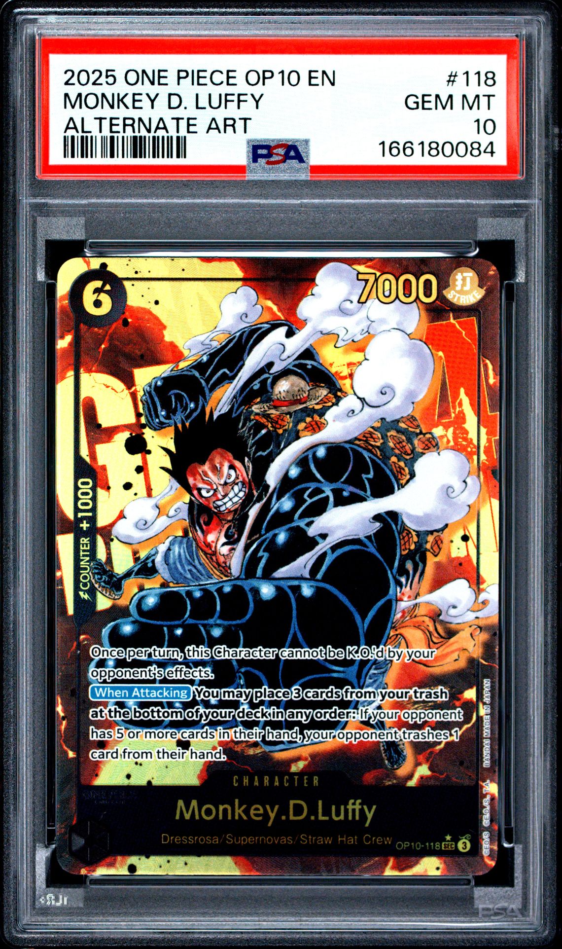 2025 One Piece Op10-Royal Blood Monkey D. Luffy #118 (Alternate Art) Gem Mt 10 front view - PSA graded GEM MT 10