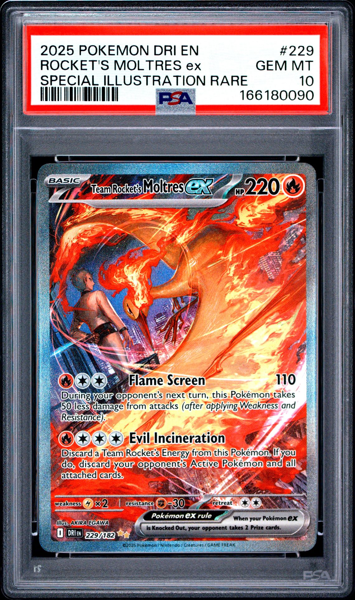 2025 Pokemon Dri En-Destined Rivals Rocket's Moltres Ex #229 (Special Illustration Rare) Gem Mt 10 front view - PSA graded GEM MT 10