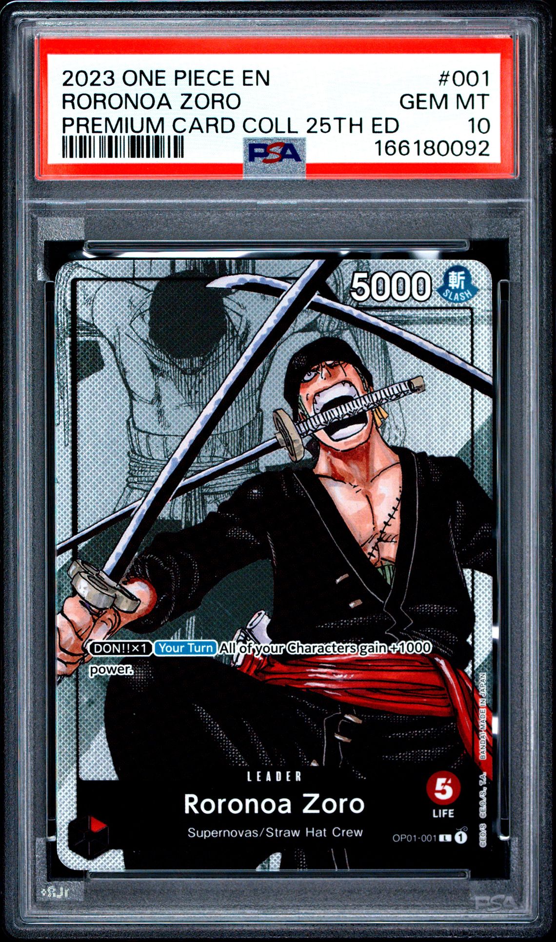 2023 One Piece Premium Card Collection 25Th Edition Roronoa Zoro #001 Gem Mt 10 front view - PSA graded GEM MT 10
