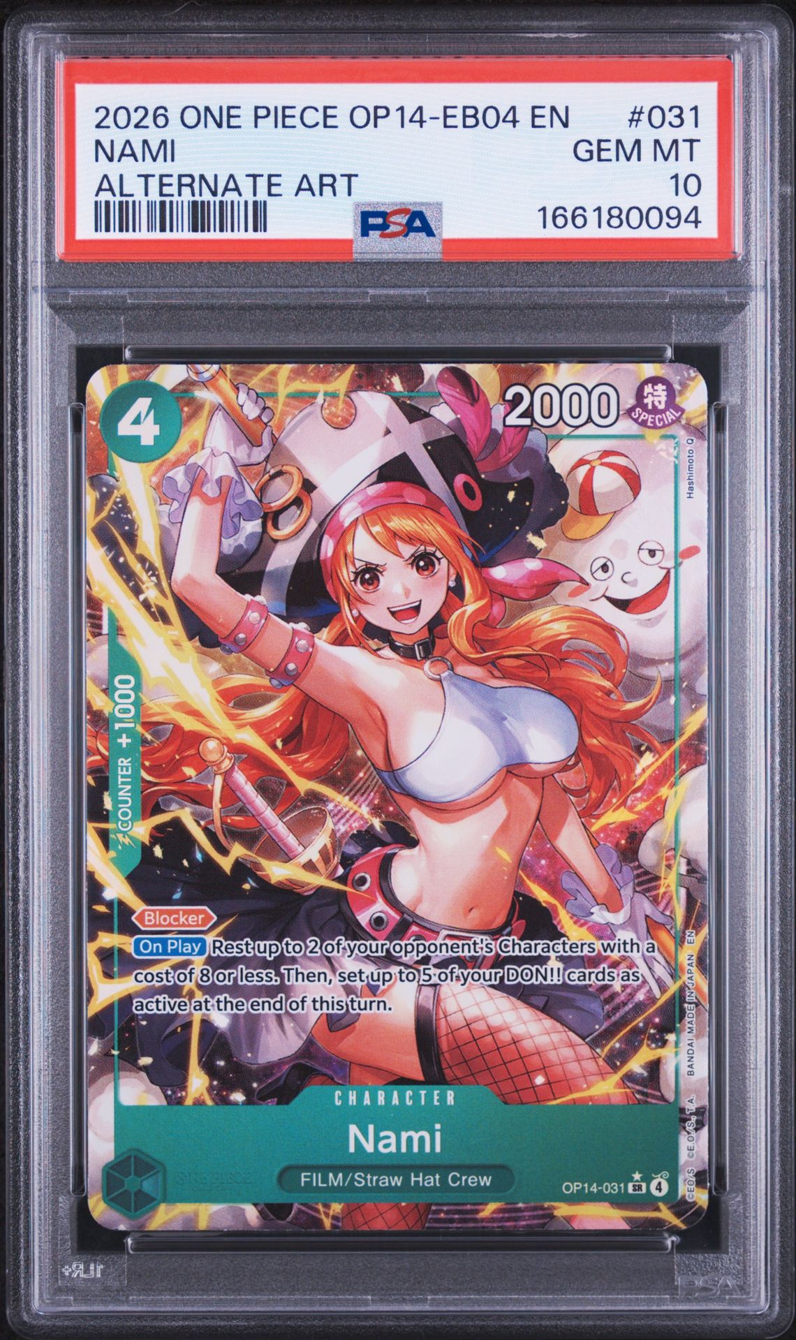2026 One Piece Op14-Eb04-The Azure Sea's Seven Nami #031 (Alternate Art) Gem Mt 10 front view - PSA graded GEM MT 10