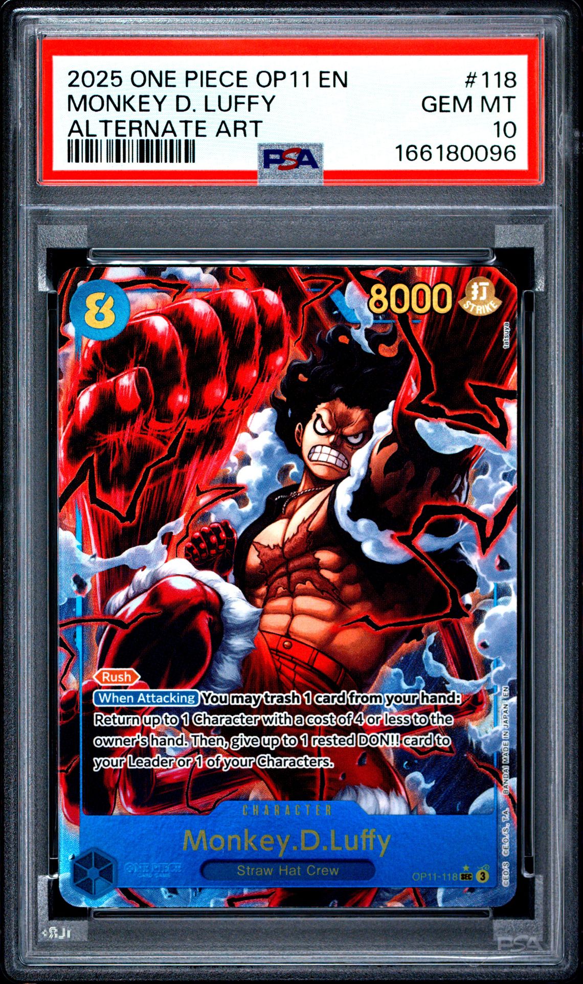2025 One Piece Op11-A Fist Of Divine Speed Monkey D. Luffy #118 (Alternate Art) Gem Mt 10 front view - PSA graded GEM MT 10