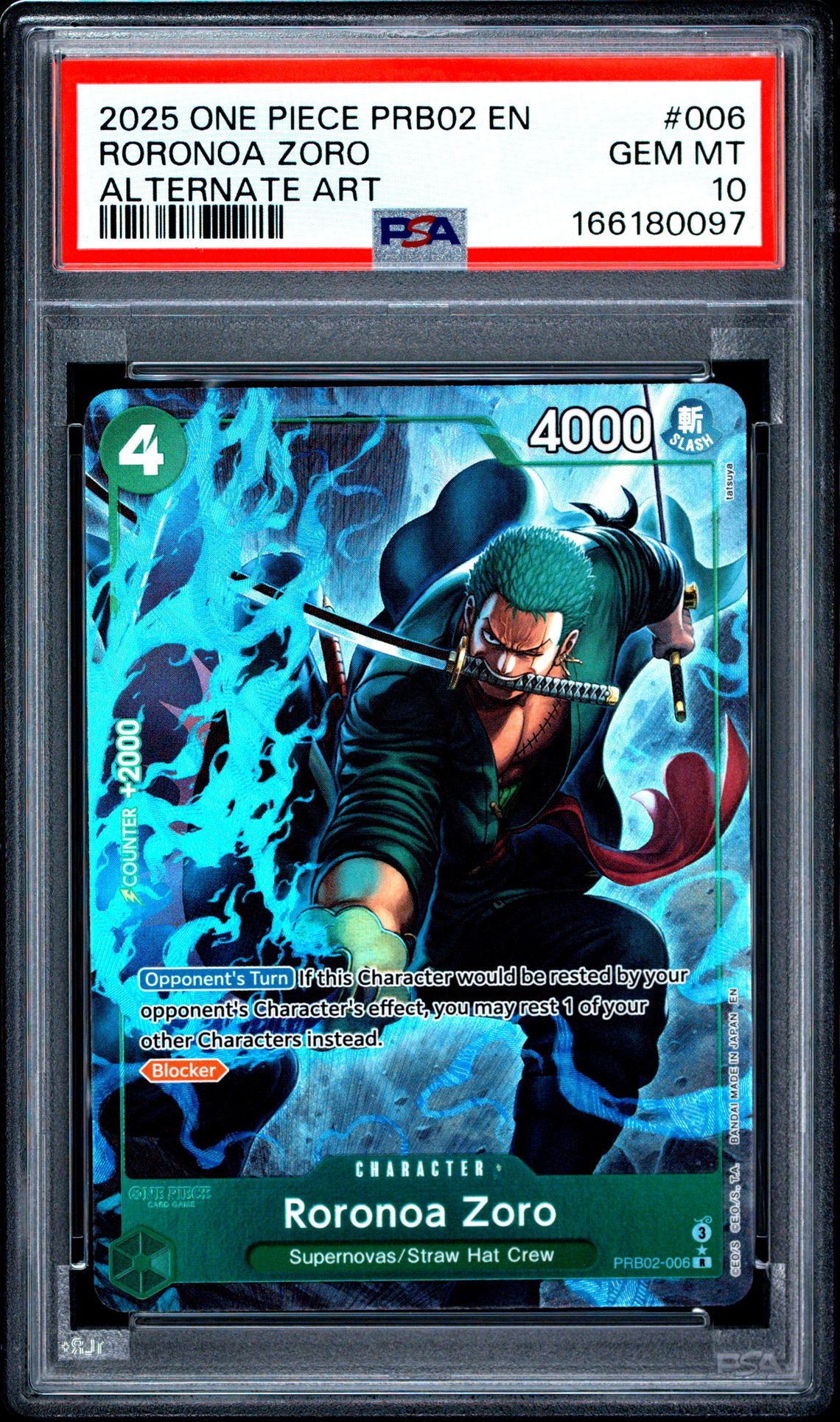 2025 One Piece Prb02-Premium Booster -One Piece Card The Best- Vol.2 Roronoa Zoro #006 (Alternate Art) Gem Mt 10 front view - PSA graded GEM MT 10